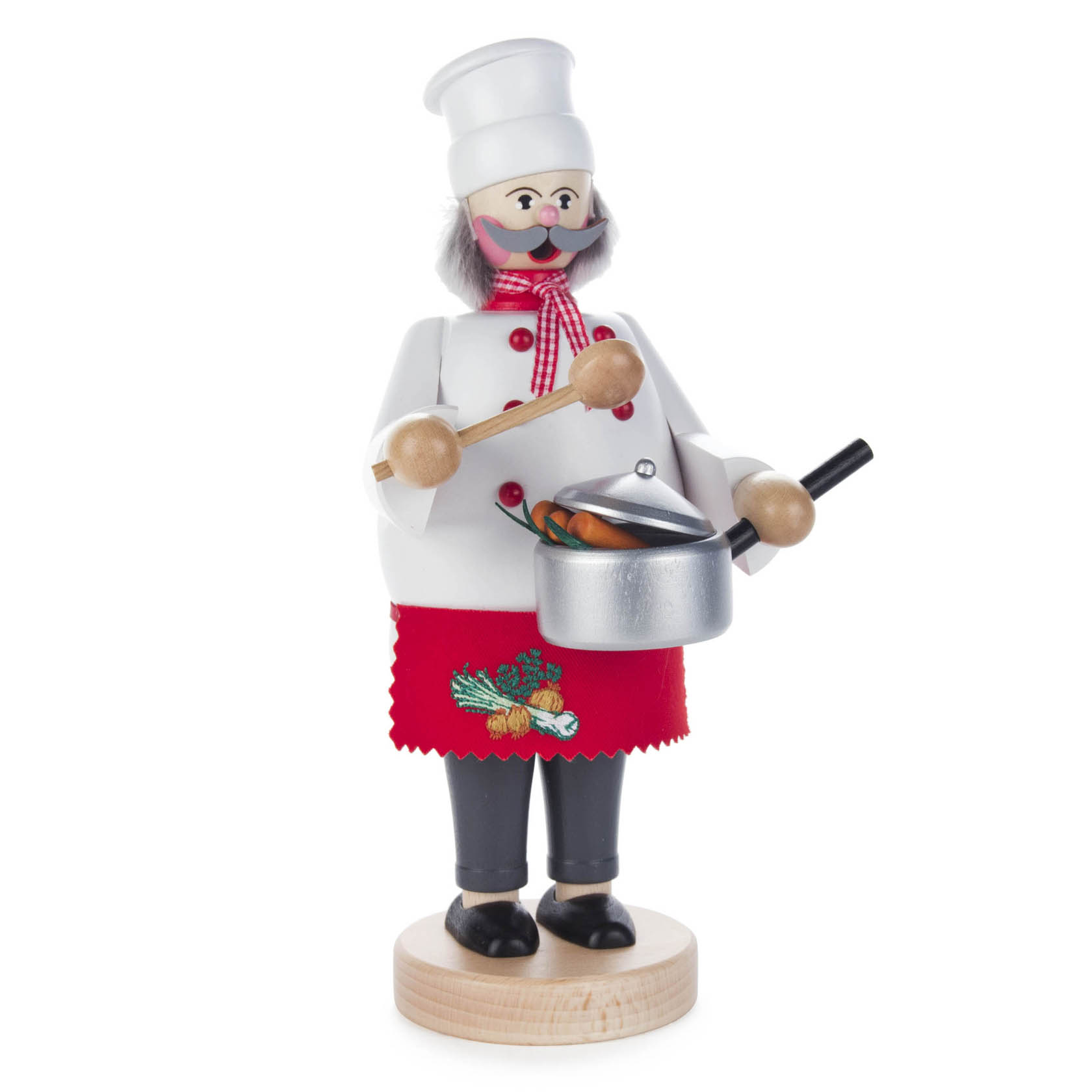 Holzfigur eines Kochs mit Kochmütze, Schürze und Schnurrbart. Er hält eine Pfanne mit einem Stück Fisch und hat einen Holzlöffel in der Hand. im Dregeno Online Shop günstig kaufen