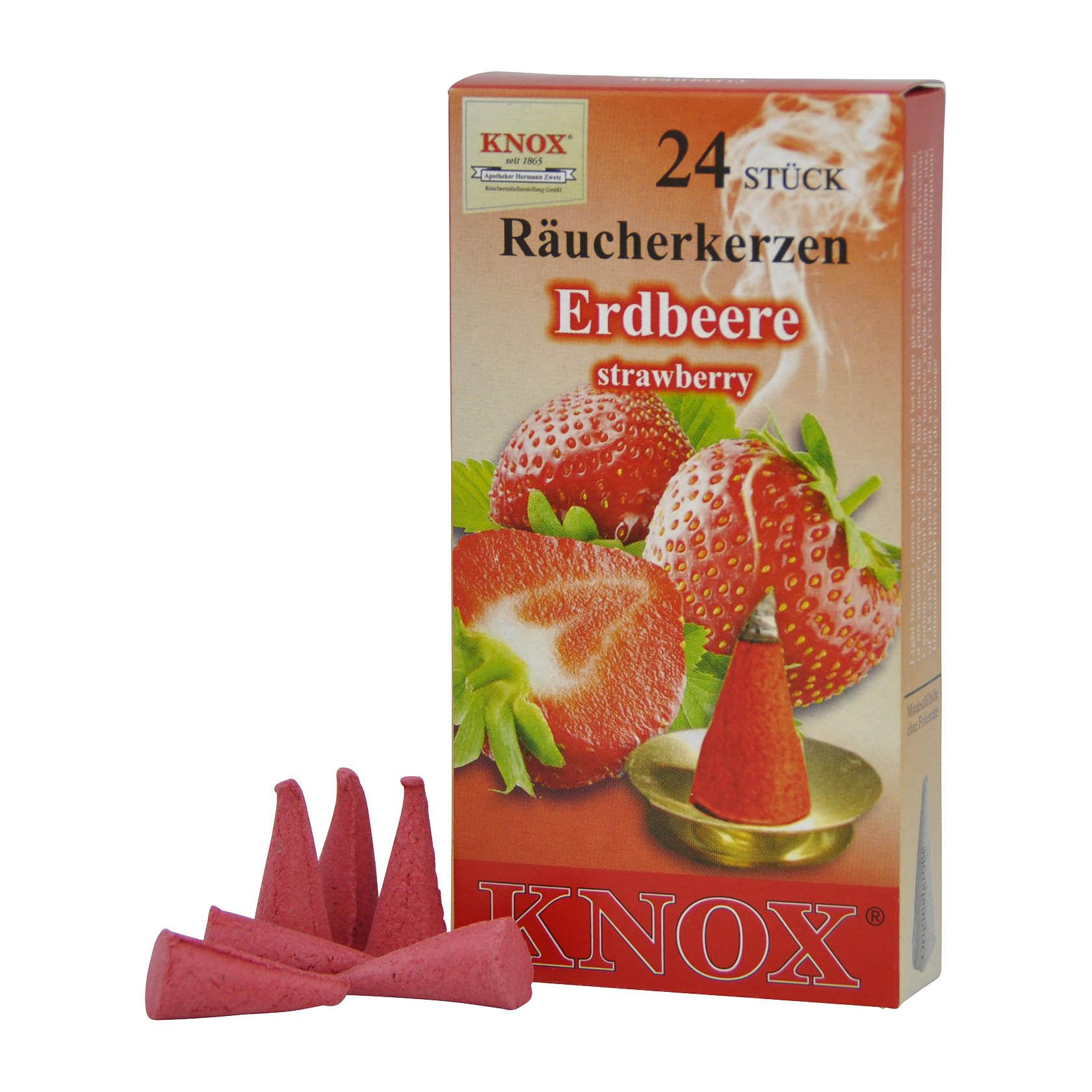 Box labeled 'KNOX Räucherkerzen Erdbeere' showing a strawberry incense cone with strawberries on the package, some cones are lit and emitting smoke. im Dregeno Online Shop günstig kaufen