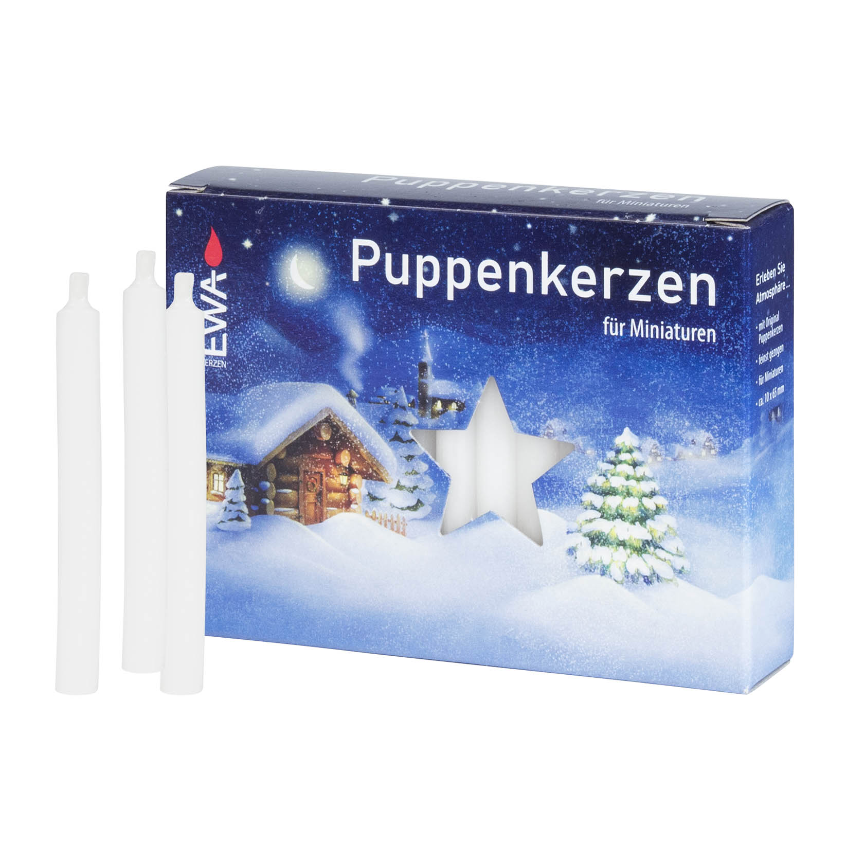 Packung mit 40 weißen Puppenkerzen, 7,5 mm Durchmesser. Verpackung zeigt ein verschneites Haus und Tannenbäume im Hintergrund. im Dregeno Online Shop günstig kaufen