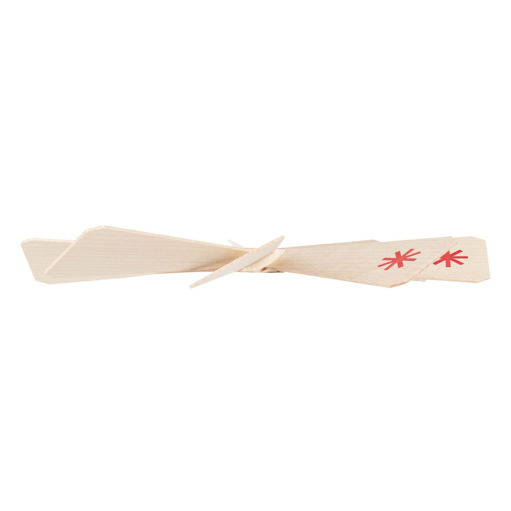 Ein zweiflügeliger Holzpropeller mit roter Markierung auf den Spitzen, Bohrung in der Mitte.