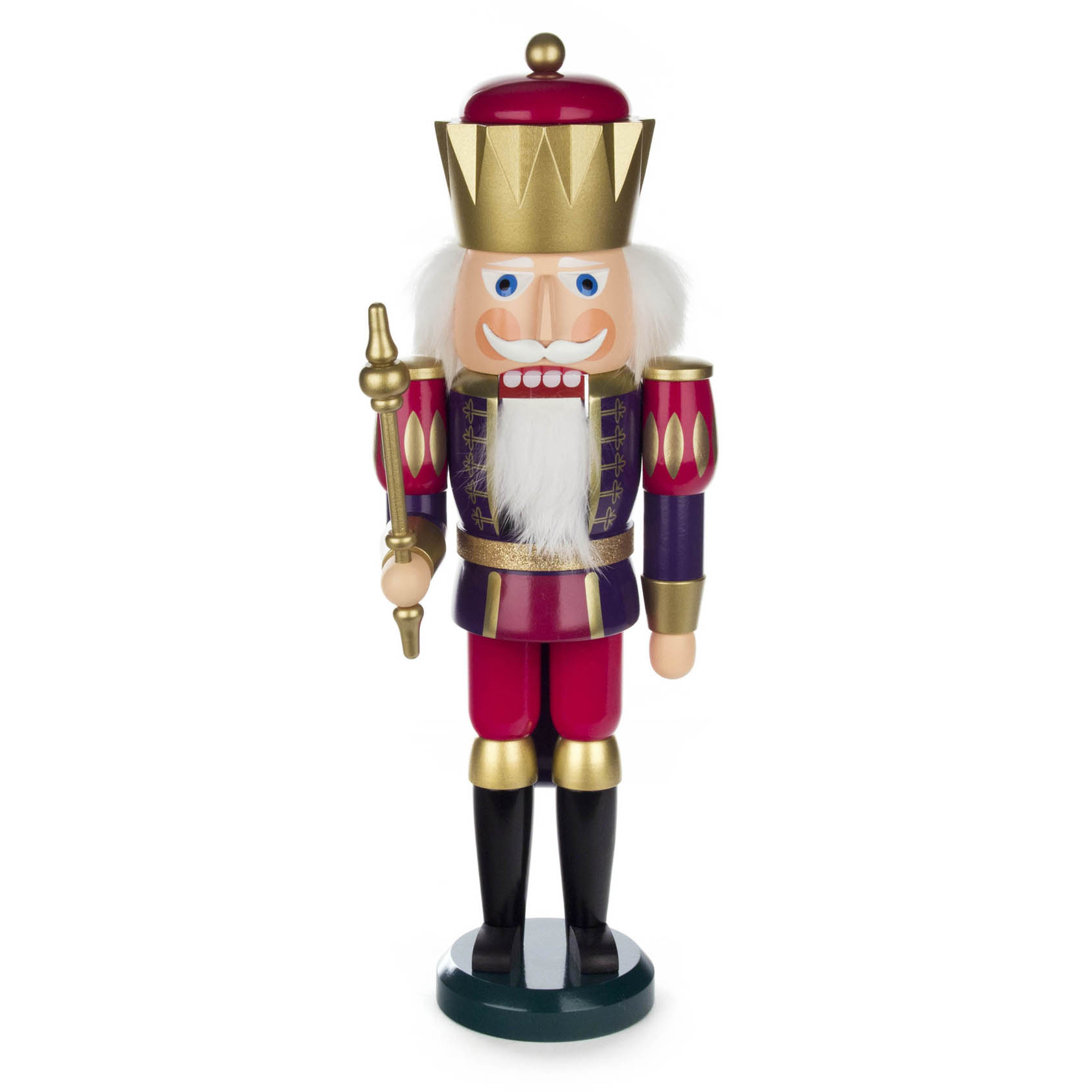 Holz-Nussknacker in Form eines Königs mit indigofarbenem und himbeerfarbenem Outfit, goldener Krone und Szepter, 40 cm hoch. im Dregeno Online Shop günstig kaufen