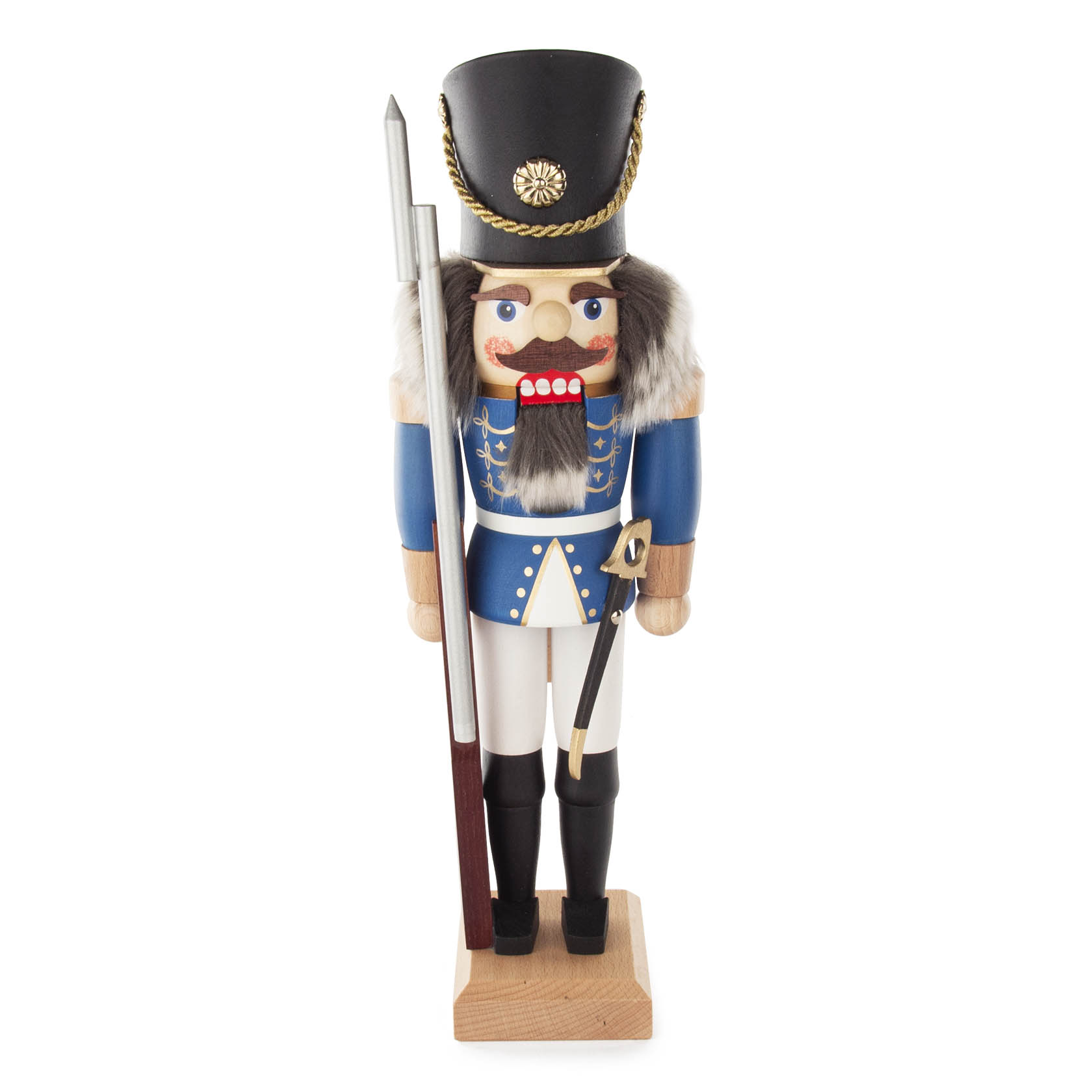 Ein 38 cm großer, blau lasierter Nussknacker in Form eines Soldaten mit schwarzem Hut, braunen Haaren, Schnurrbart und Bart. Er trägt eine blaue Uniform und hält eine Lanze. im Dregeno Online Shop günstig kaufen