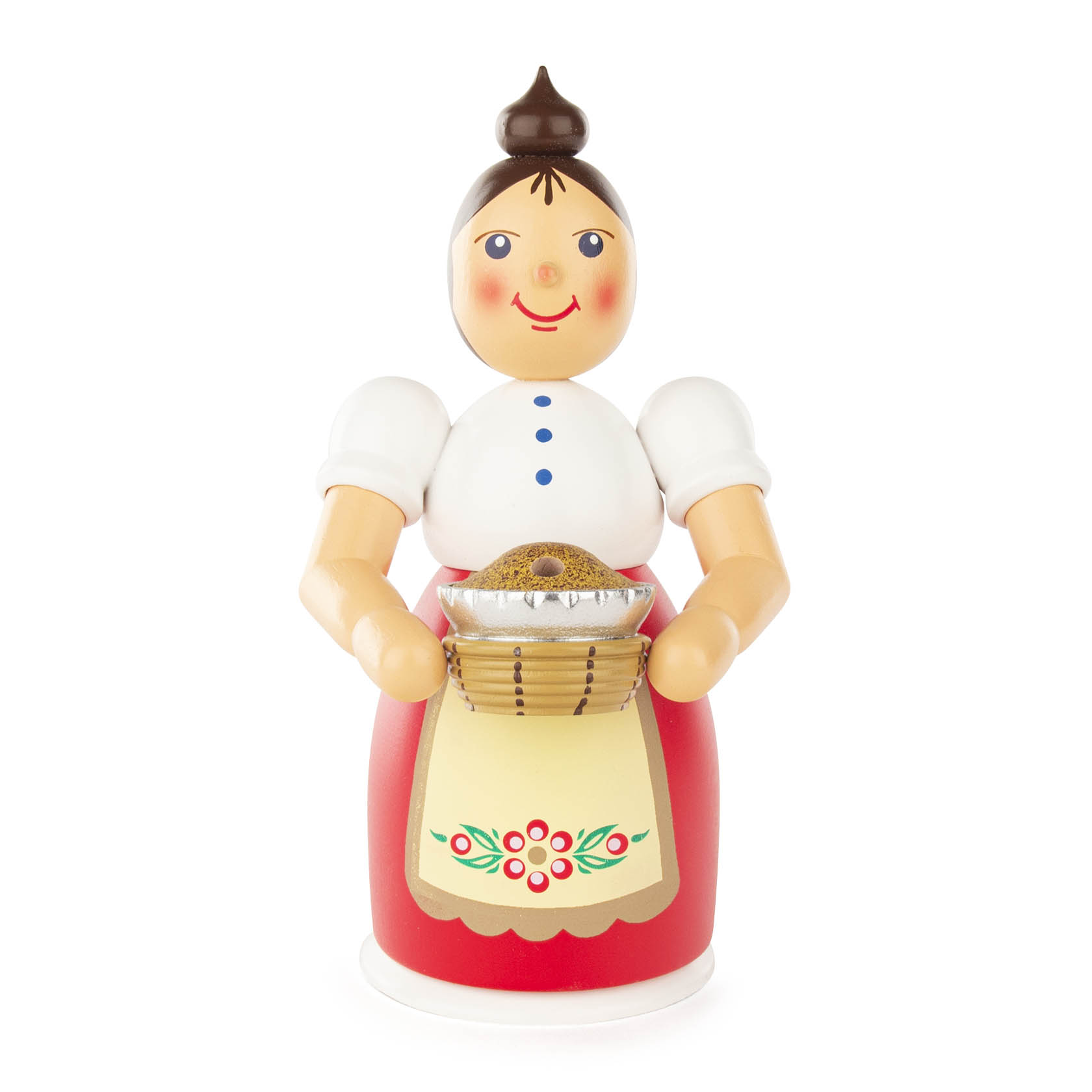 Eine traditionelle Räucherfrau mit Haarknoten, roten Wangen, Schürze und einem Kuchen in den Händen im Dregeno Online Shop günstig kaufen