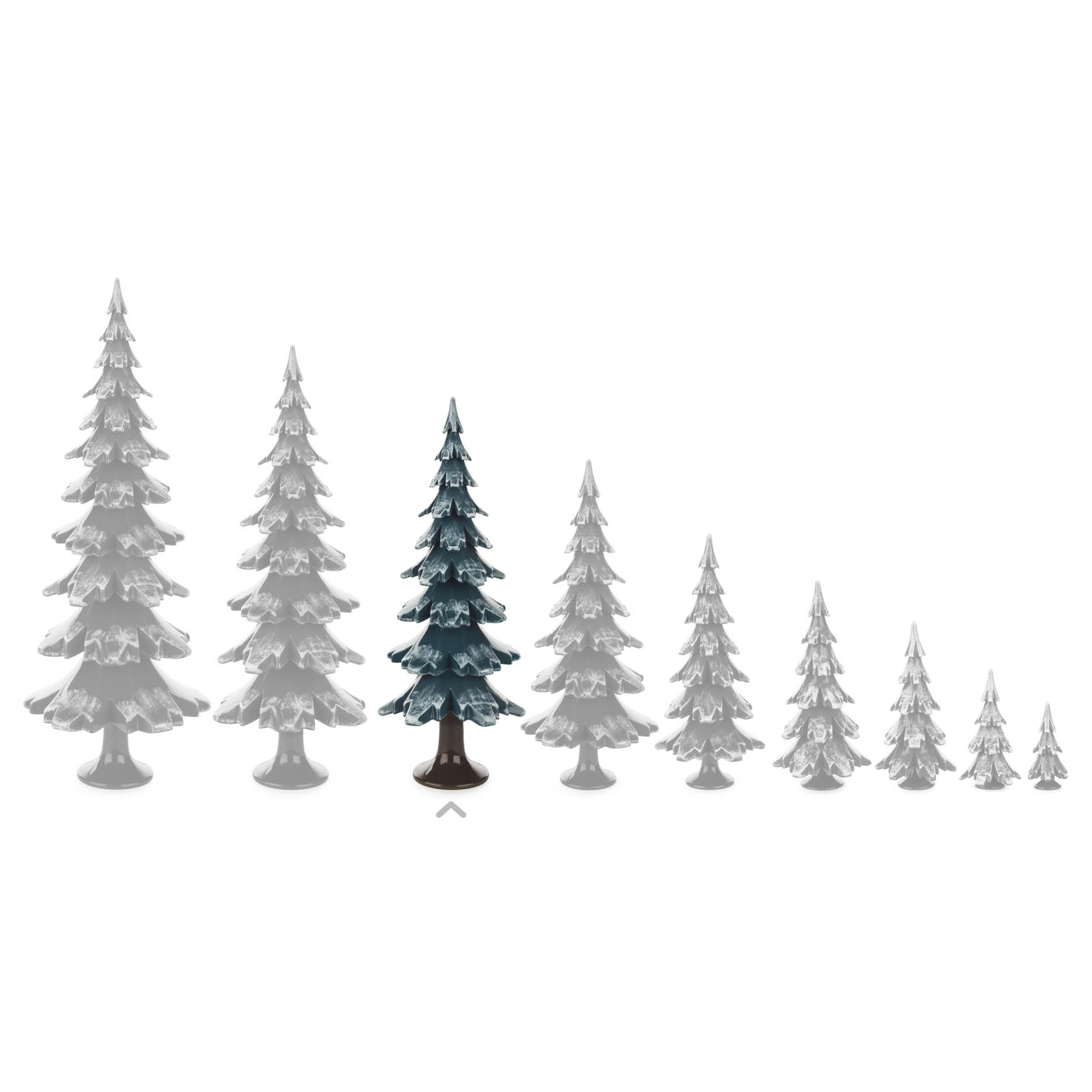 A set of nine wooden trees, with the tallest green and white tree in the center standing out among the others which are grey.