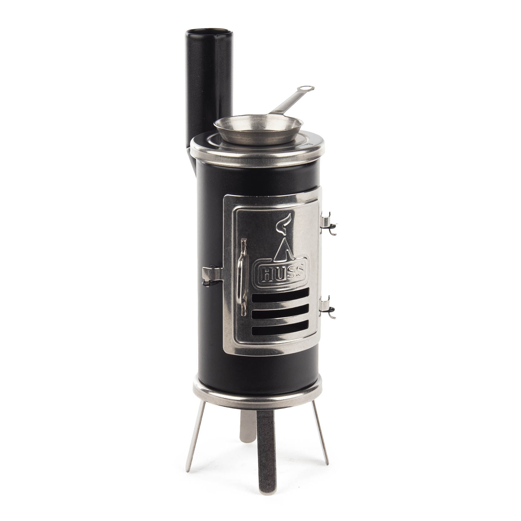 A small black upright stove with a chimney pipe, three legs, and a door with a worker silhouette emblem. im Dregeno Online Shop günstig kaufen