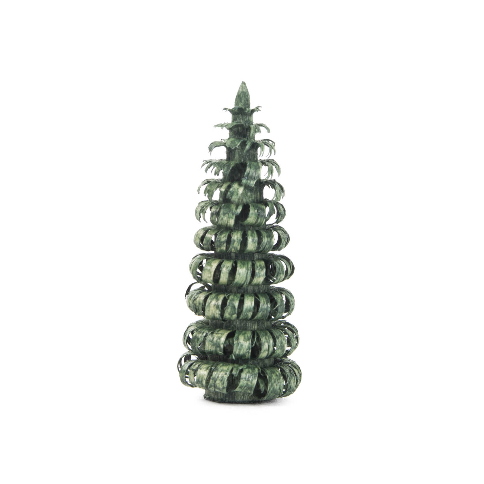 Ein kleiner, grüner Ringelbaum aus Metall, bestehend aus spiralförmigen Ringen, die aufrecht übereinander gestapelt sind. Der Baum ist 5 cm hoch. im Dregeno Online Shop günstig kaufen