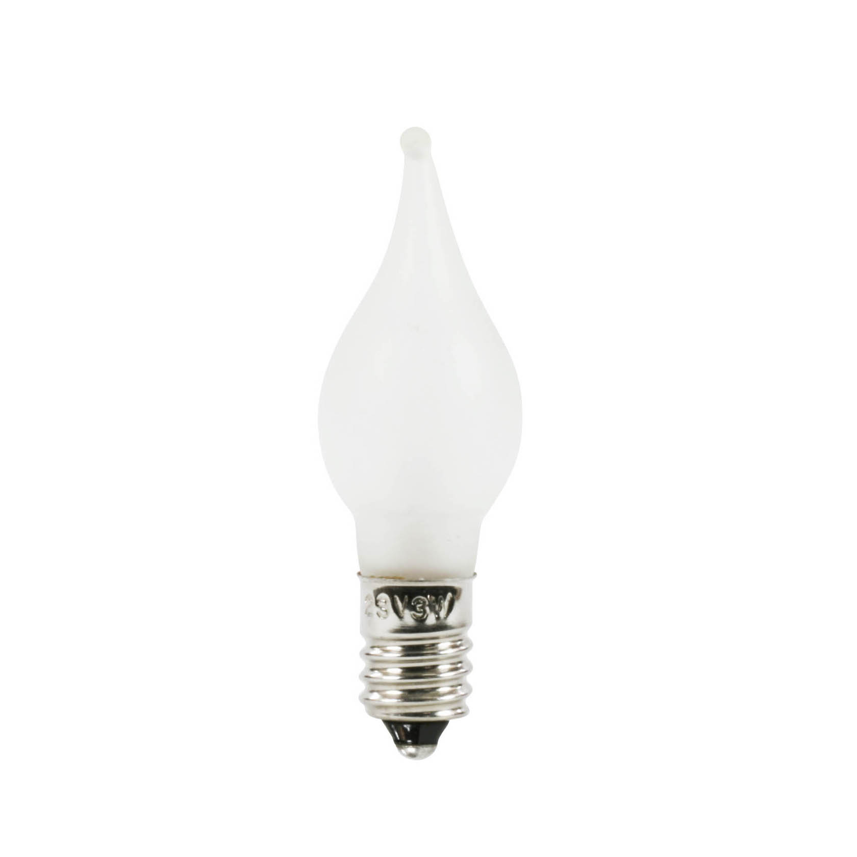 Eine Flammenkerze mit E10-Sockel, 24V/3W, in Form einer kleinen, gedrehten, weißen Spitze. im Dregeno Online Shop günstig kaufen