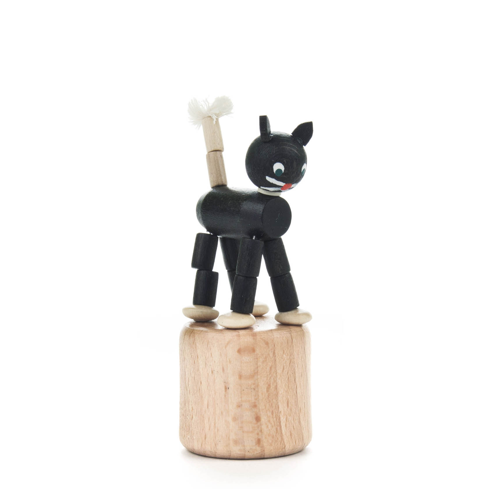 Ein Wackeltier in Form einer stehenden schwarzen Katze mit roten Lippen und weißen Augen auf einem Holzsockel. im Dregeno Online Shop günstig kaufen