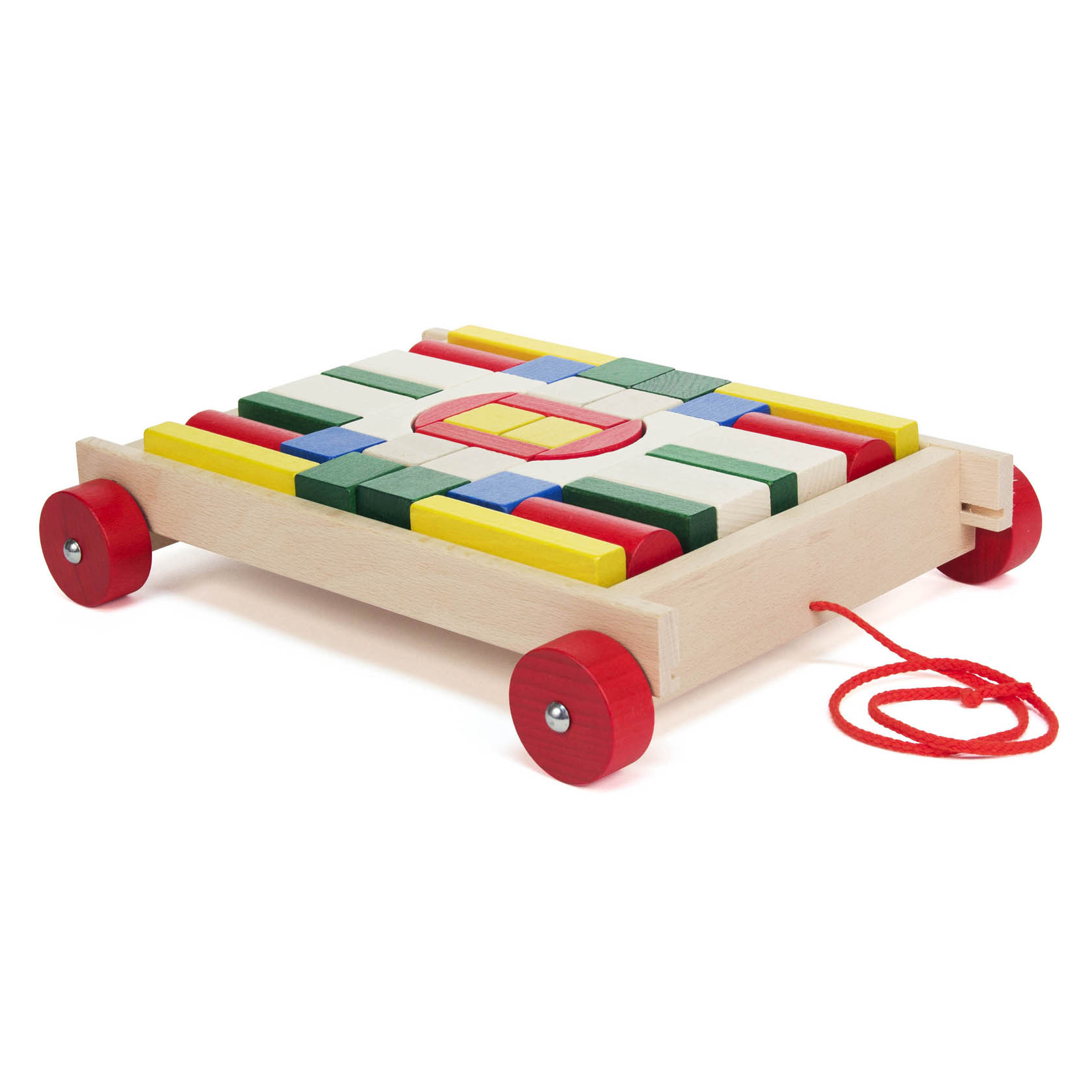 Ein Holzspielzeugwagen mit roten Rädern und bunten Holzblöcken in verschiedenen Formen darauf gestapelt. im Dregeno Online Shop günstig kaufen