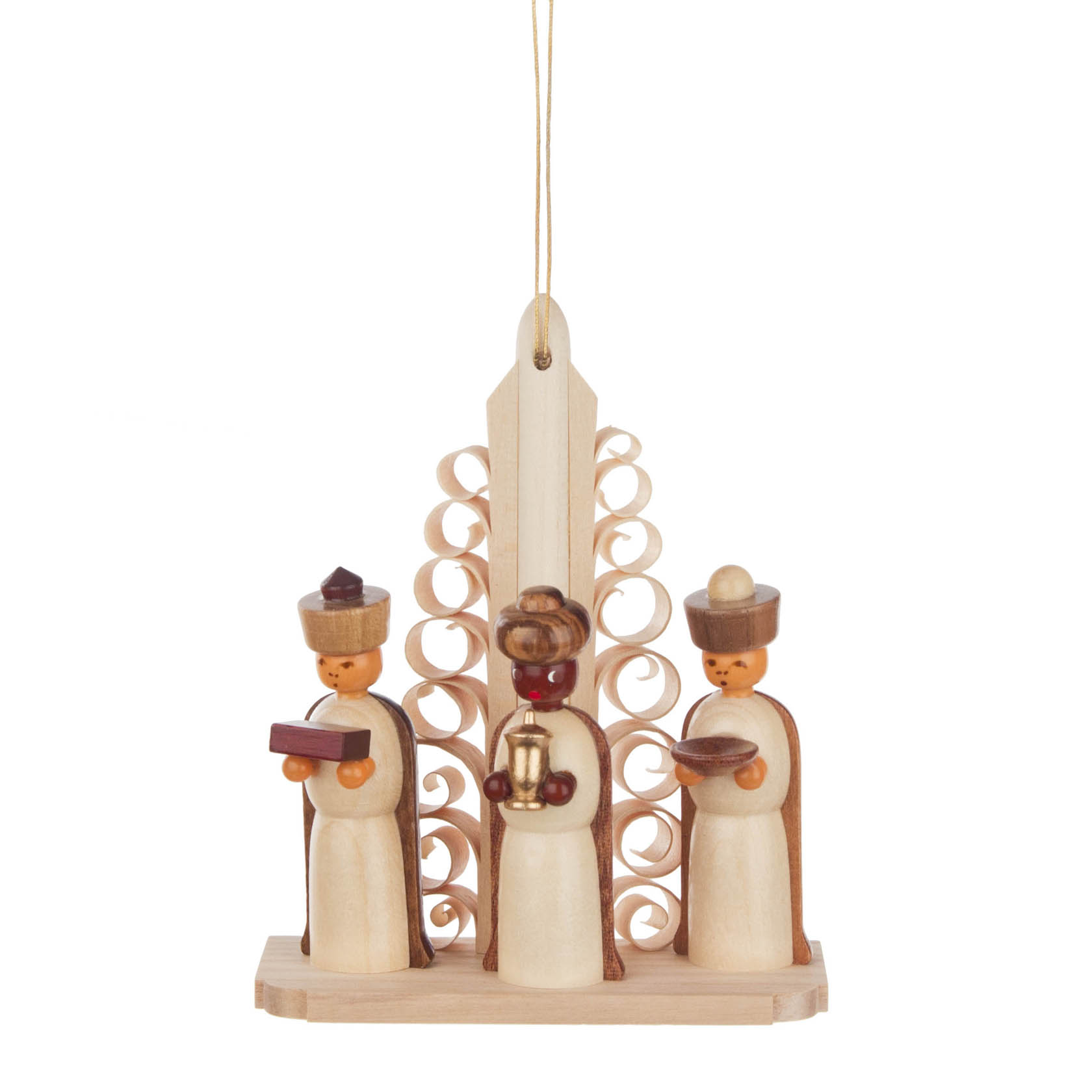 Holzschmuck mit drei geschnitzten Figuren der Heiligen Drei Könige. Jede Figur hält ein Geschenk, mit einem hölzernen Hintergrund verziert. im Dregeno Online Shop günstig kaufen