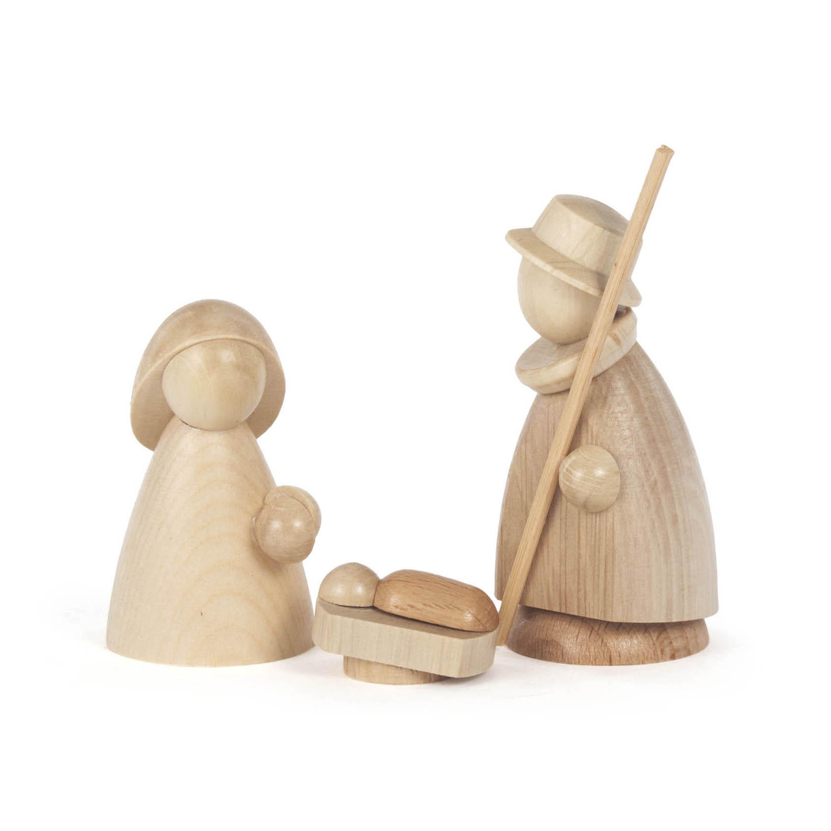 Holzfiguren der Heiligen Familie: Maria mit Kopfbedeckung, Josef mit Stock und Hut, und das Jesuskind in der Krippe aus hellem Holz. im Dregeno Online Shop günstig kaufen