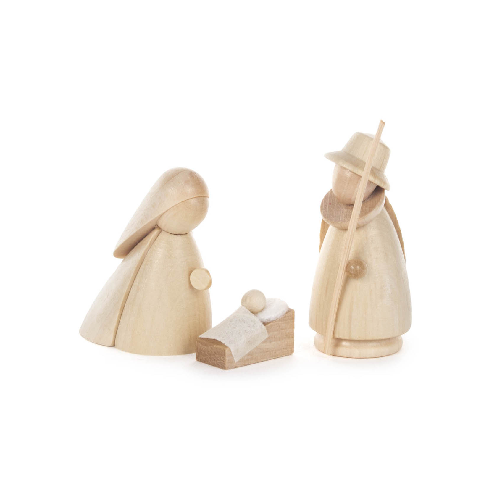 Holzfiguren der Heiligen Familie: links Maria kniend, in der Mitte das Jesuskind in der Krippe, rechts Josef stehend mit einem Stab. im Dregeno Online Shop günstig kaufen