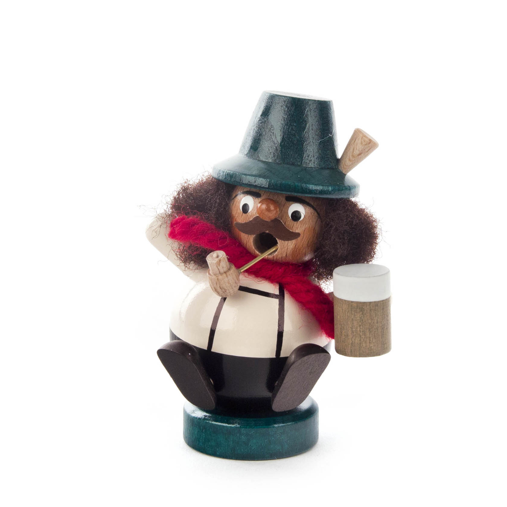 Ein kugelförmiger Räuchermann im bayerischen Stil mit Hut, Pfeife und Bierkrug, gekleidet in weiß und schwarz mit rotem Schal. im Dregeno Online Shop günstig kaufen