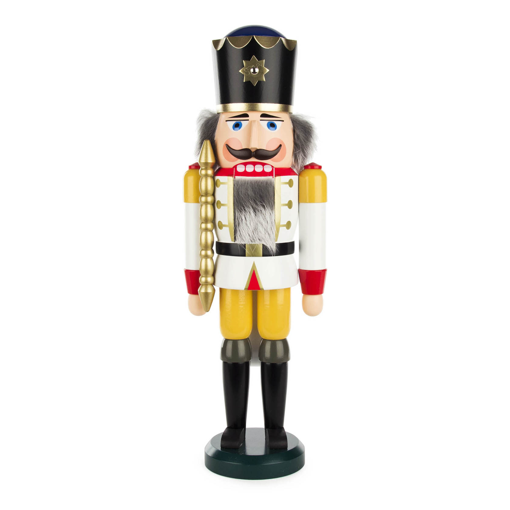 Holznussknacker in Königsuniform, weißer Mantel, goldene Hose, schwarzer Hut und Bärenfellbesatz, mit Zepter in der rechten Hand stehend. im Dregeno Online Shop günstig kaufen