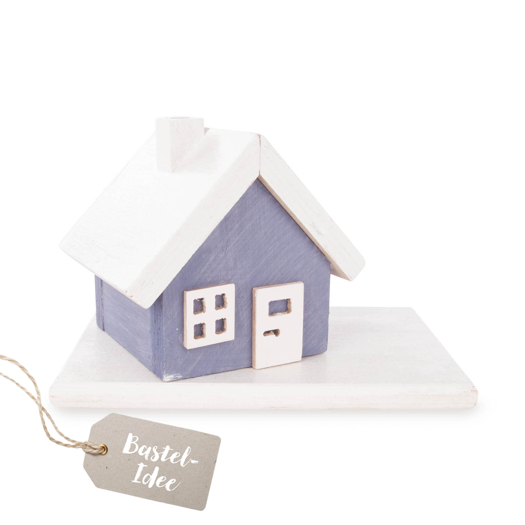 Kleines, blaues Holzhaus mit weißem Dach und weißer Tür, auf einer weißen Basisplatte montiert. im Dregeno Online Shop günstig kaufen