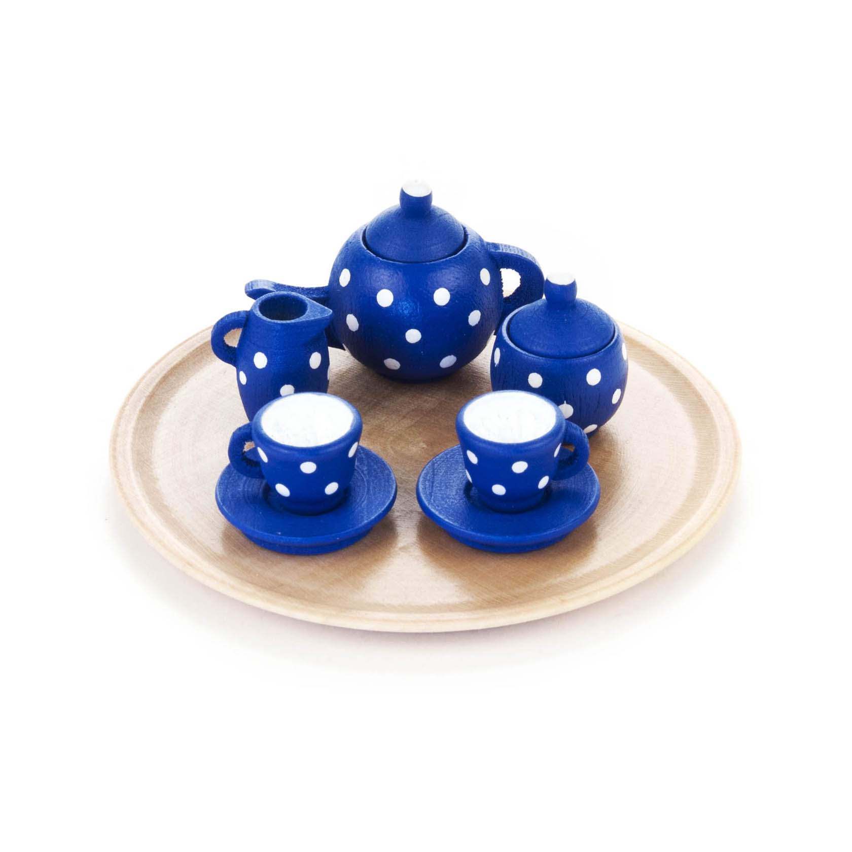 Ein rundes Mini-Teeservice in Blau mit weißen Punkten, bestehend aus einer Teekanne, einer Zuckerdose, einem Milchkännchen und zwei Tassen auf Untertassen. im Dregeno Online Shop günstig kaufen