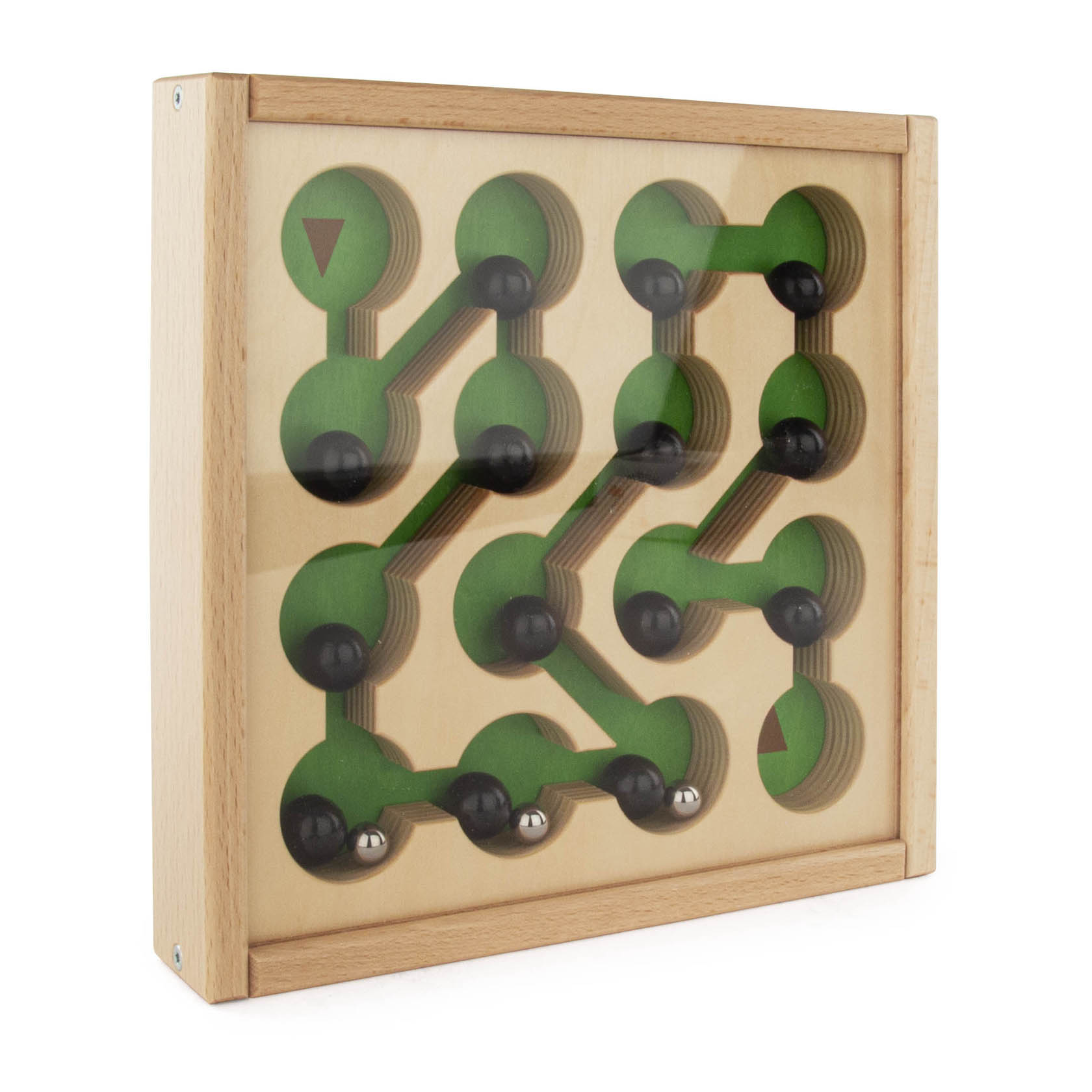 A wooden box maze puzzle with interconnected green pathways and small metallic balls.