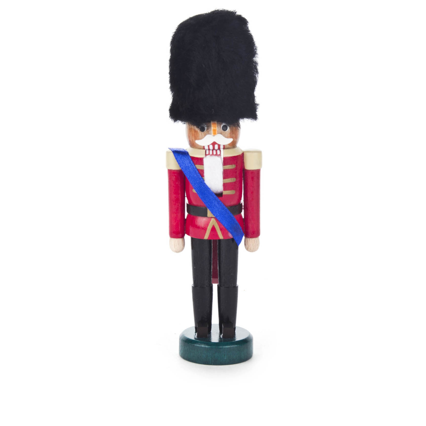 Mini-Nussknacker in rot-schwarzer Uniform, 15 cm groß, mit großem schwarzen Hut und blauer Schärpe. im Dregeno Online Shop günstig kaufen