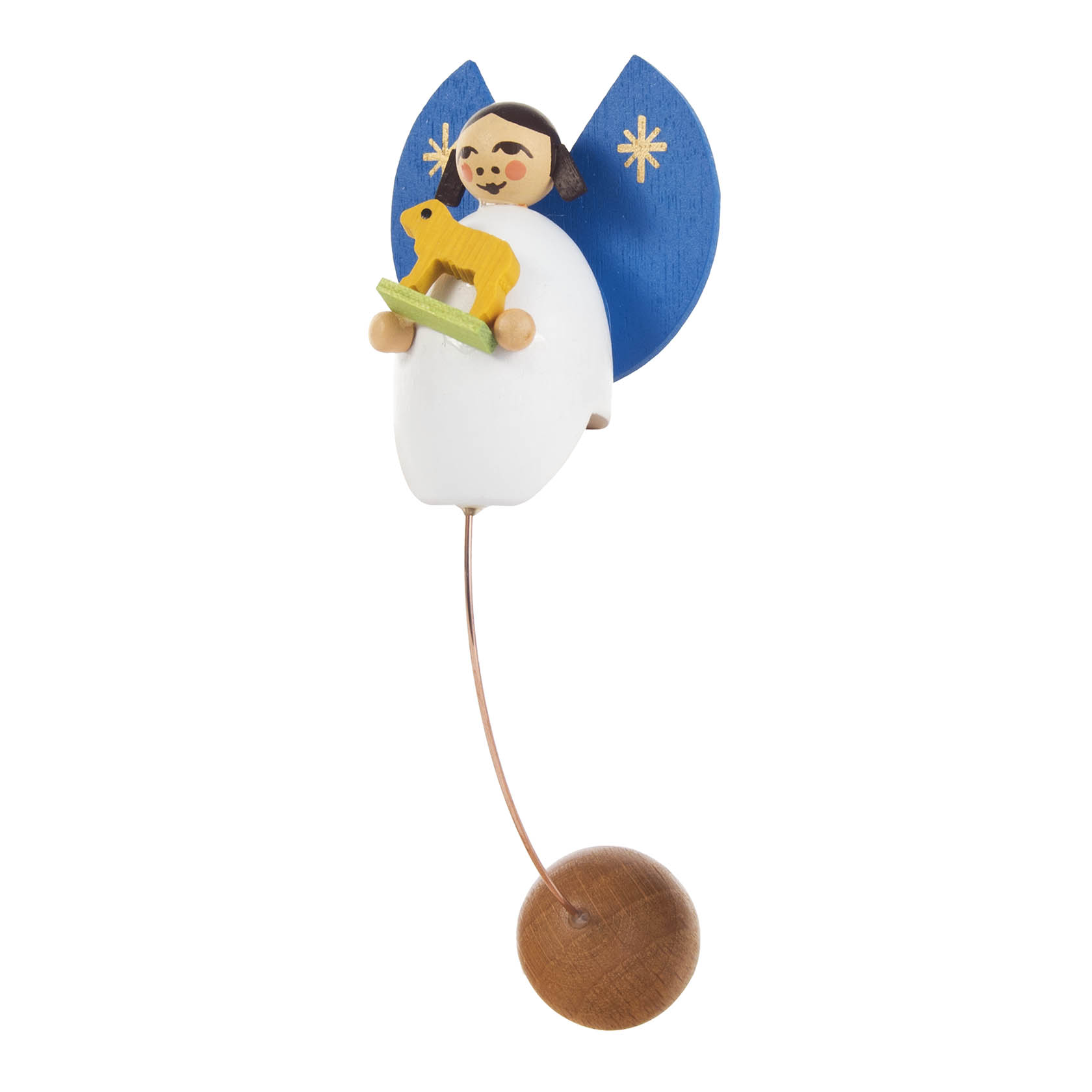 Eine Schaukelfigur eines Engels mit blauen Flügeln, gelbem Schaf in den Händen und einem Gewicht am Boden. Der Engel trägt ein weißes Gewand. im Dregeno Online Shop günstig kaufen