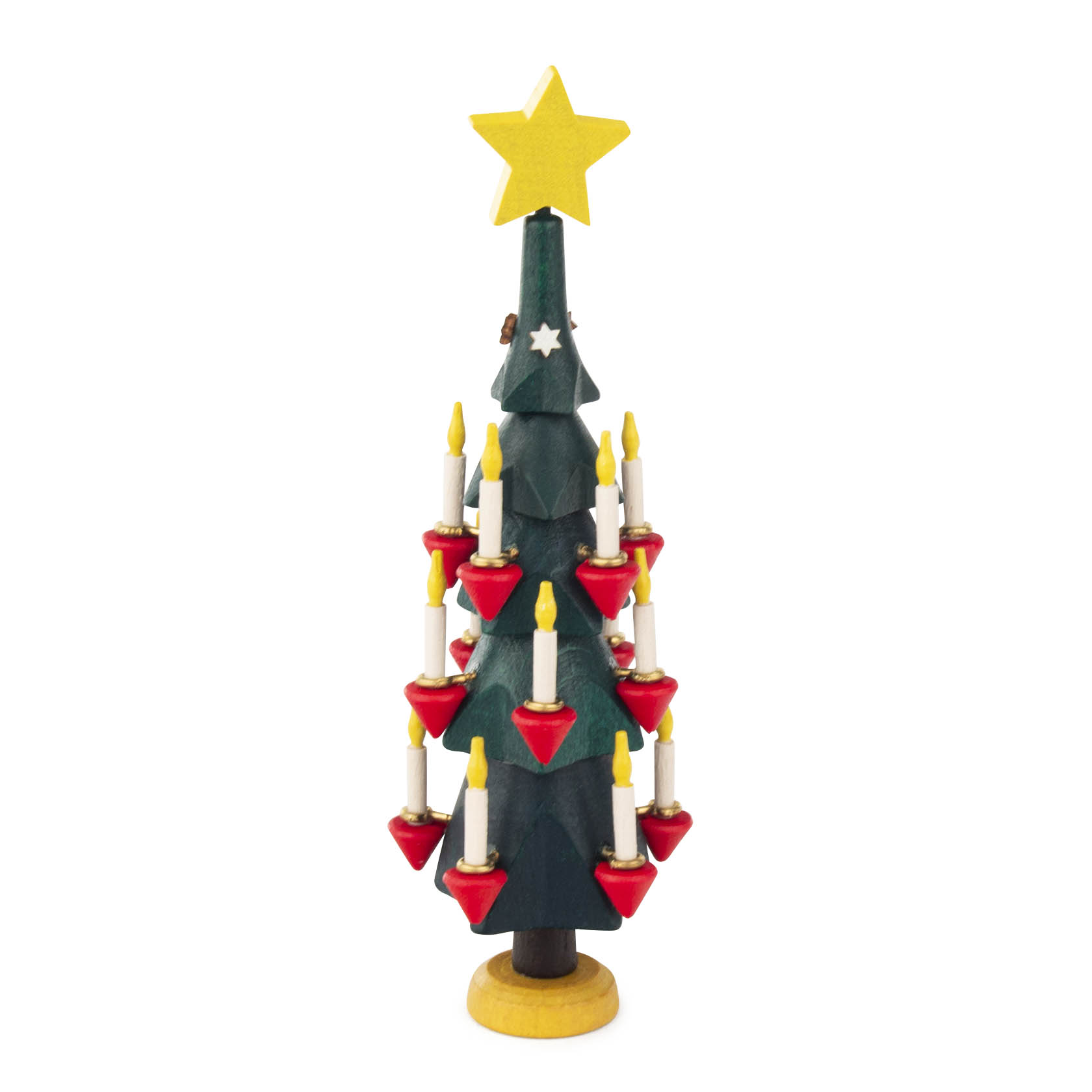 Holz-Christbaum mit gelbem Stern, 10 roten Kerzenhaltern und 10 Kerzen mit gelb flackerndem Licht auf mehreren Ebenen. im Dregeno Online Shop günstig kaufen