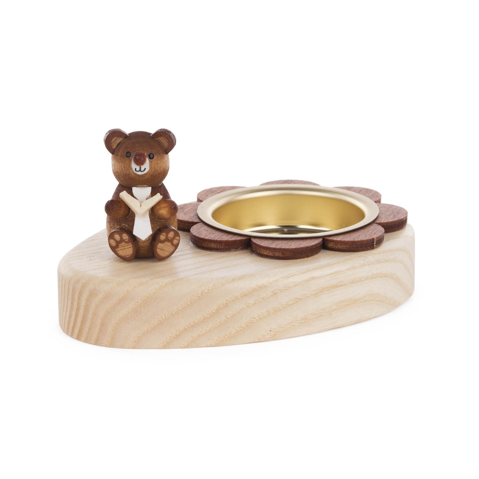 Ein Teelichthalter aus Holz in Form eines halben Ovals mit einer Blume, auf dem ein kleiner Teddy sitzt, der ein Buch hält. im Dregeno Online Shop günstig kaufen