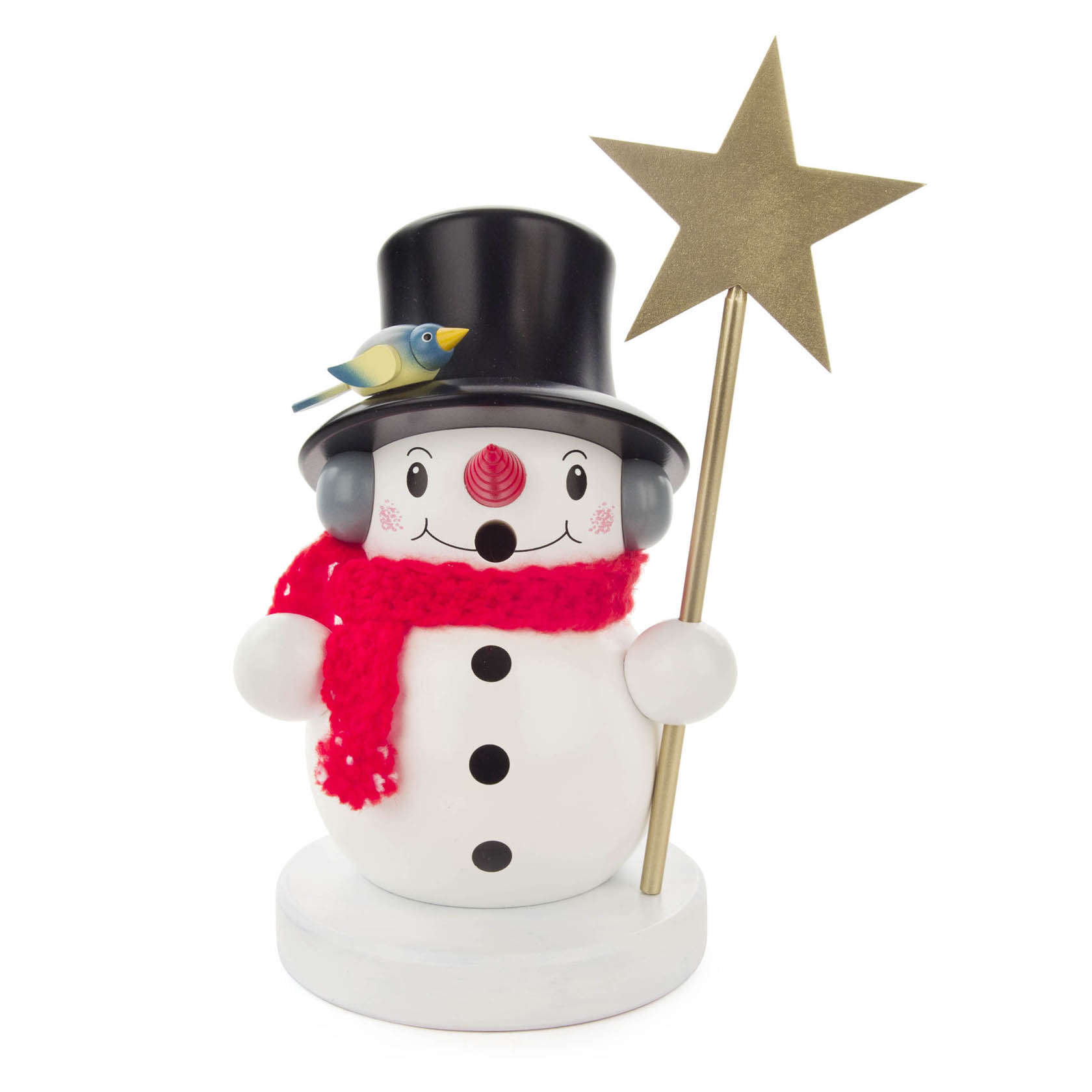 Ein Räuchermann in Form eines Schneemanns mit rotem Schal, schwarzem Zylinder, Vogel auf der Schulter und goldenem Stern in der Hand.