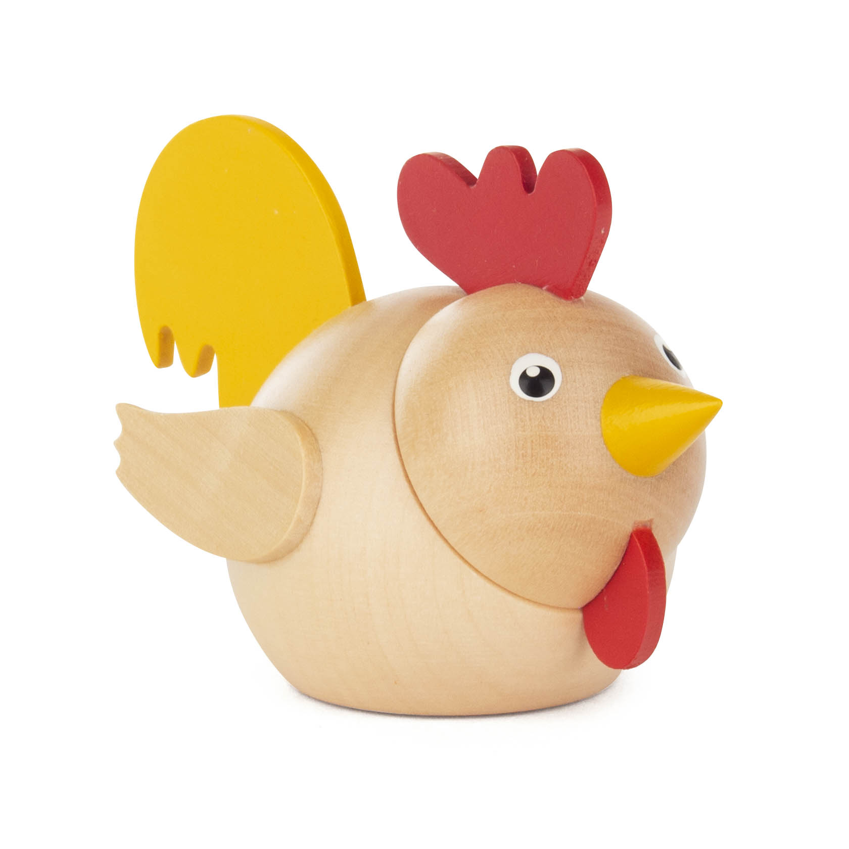 Holzfigur eines Hahns in Naturgelb mit rotem Kamm und gelben Schnabel, Flügel und Schwanz. im Dregeno Online Shop günstig kaufen
