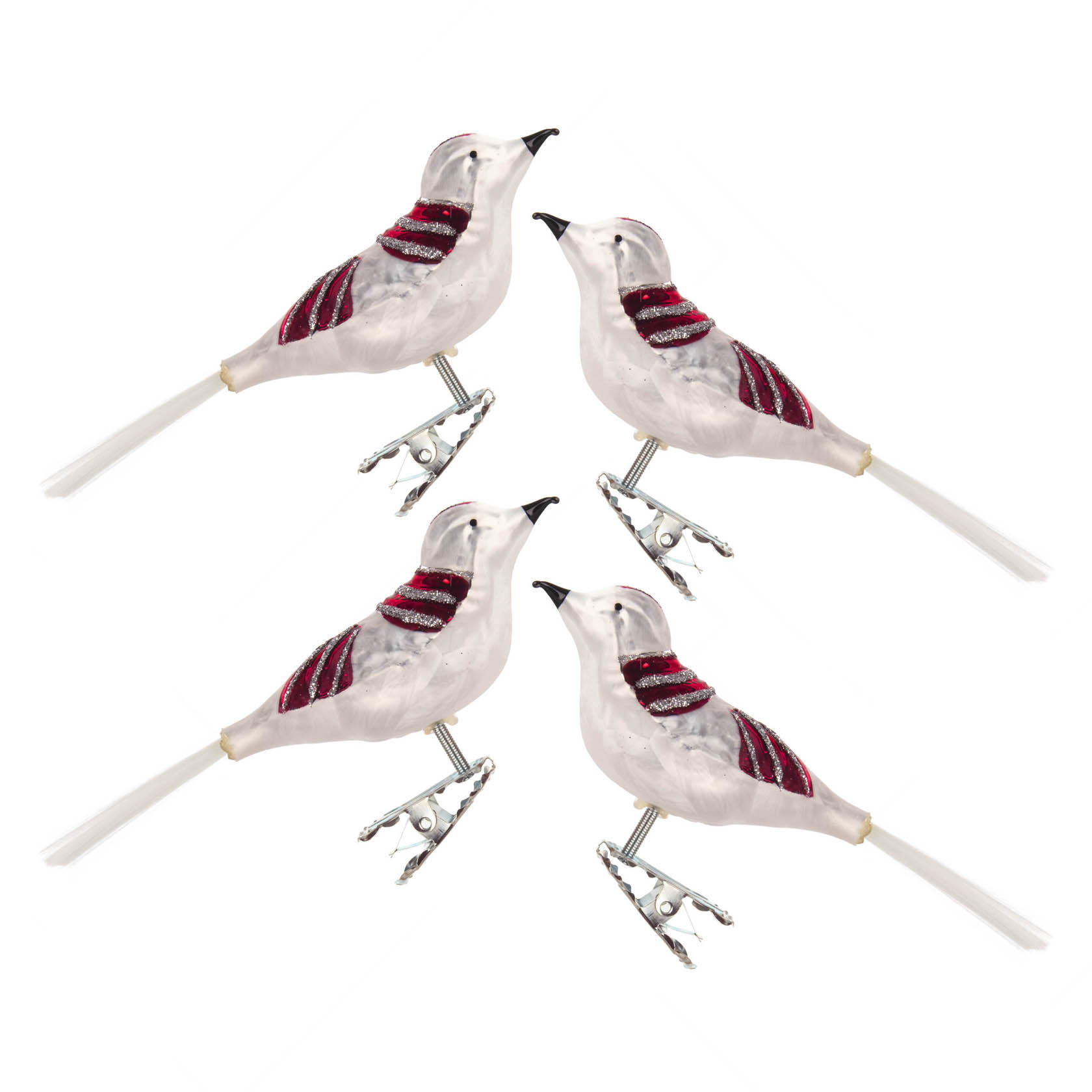 Four glass bird ornaments in ice white with glitter and red stripes, each with a metallic clip for attaching to a Christmas tree. im Dregeno Online Shop günstig kaufen