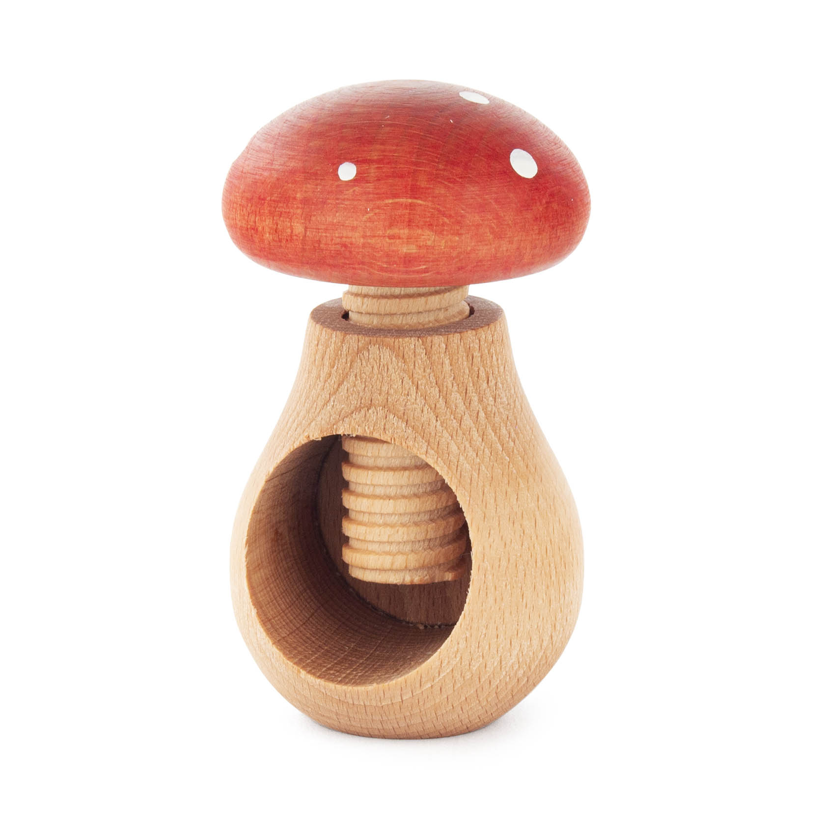 Holz-Nussknacker in Form eines Fliegenpilzes, 10 cm groß. Der Pilzhut ist rot mit weißen Punkten, der Fuß hat eine runde Vertiefung zum Knacken der Nüsse. im Dregeno Online Shop günstig kaufen