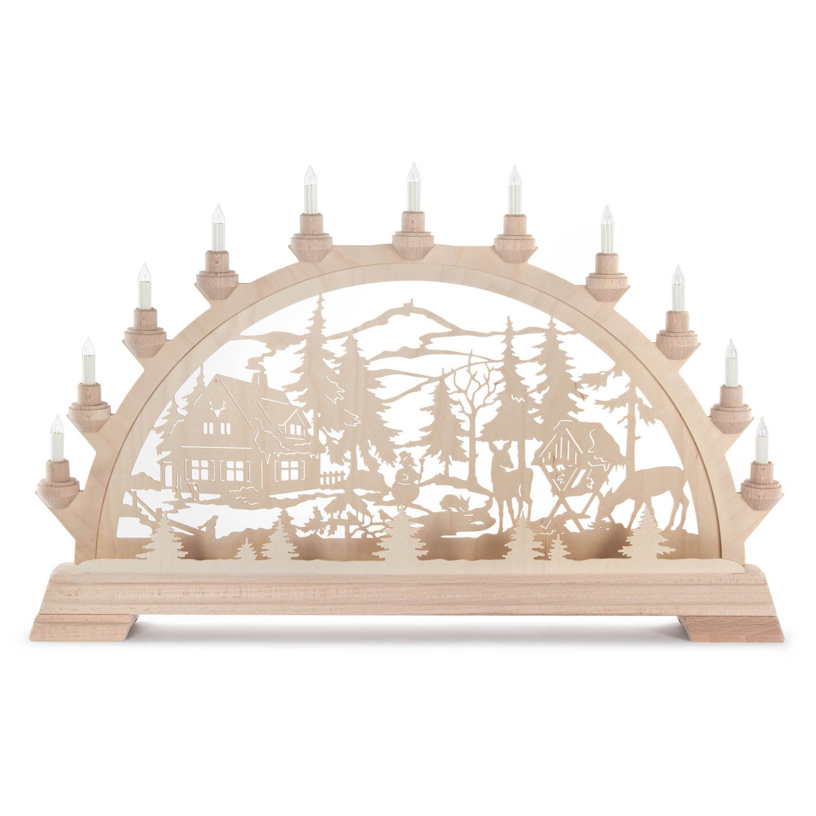 Holz-Schwibbogen mit Forsthaus, Rehen und elektrischer Beleuchtung. Das Motiv zeigt Bäume und eine winterliche Szenerie. im Dregeno Online Shop günstig kaufen