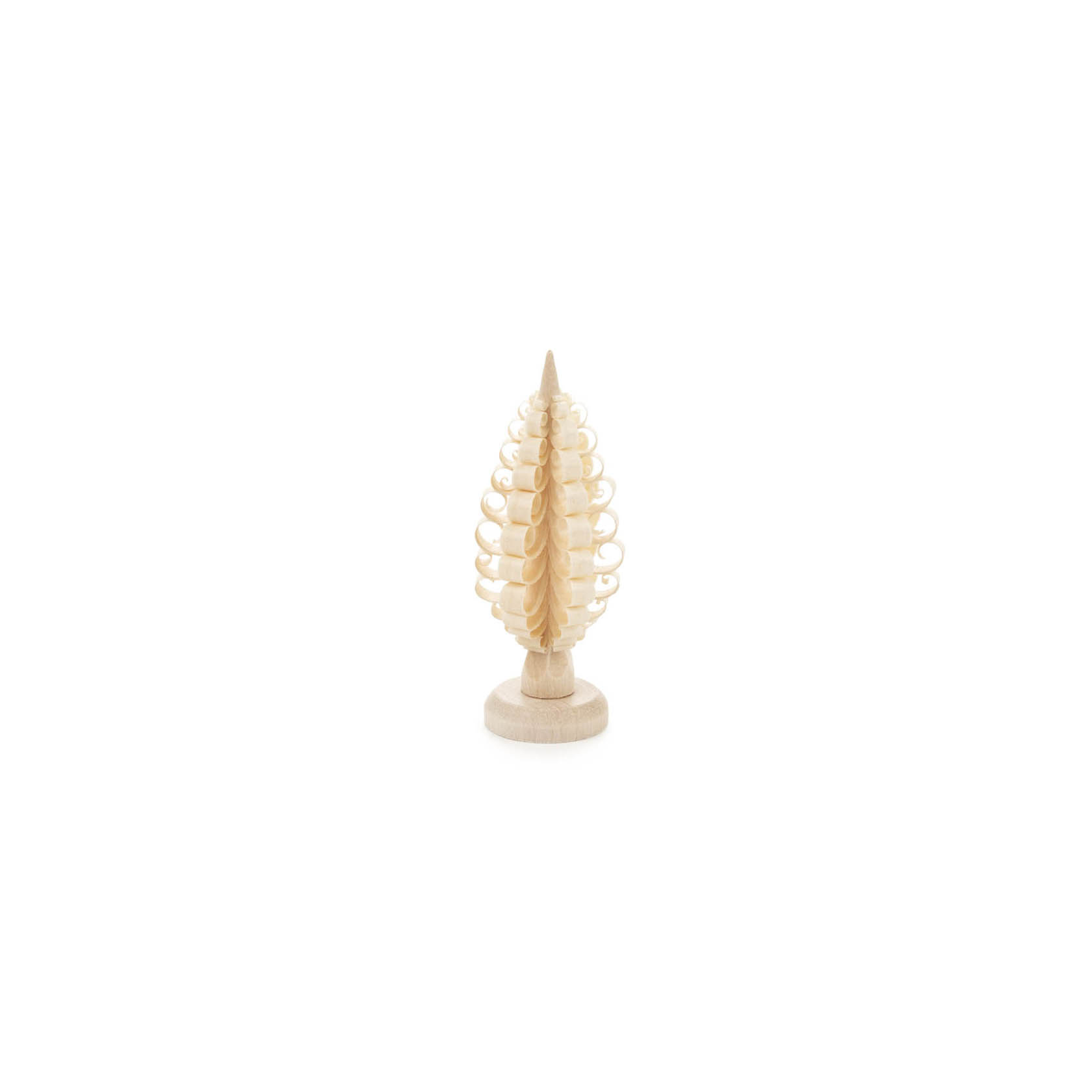 Ein kleiner, dekorativer Spanbaum aus natürlichem Holz, 6 cm hoch. Der Baum hat spiralförmig gedrehte Holzschichten, die schichtweise aufgebaut sind. im Dregeno Online Shop günstig kaufen