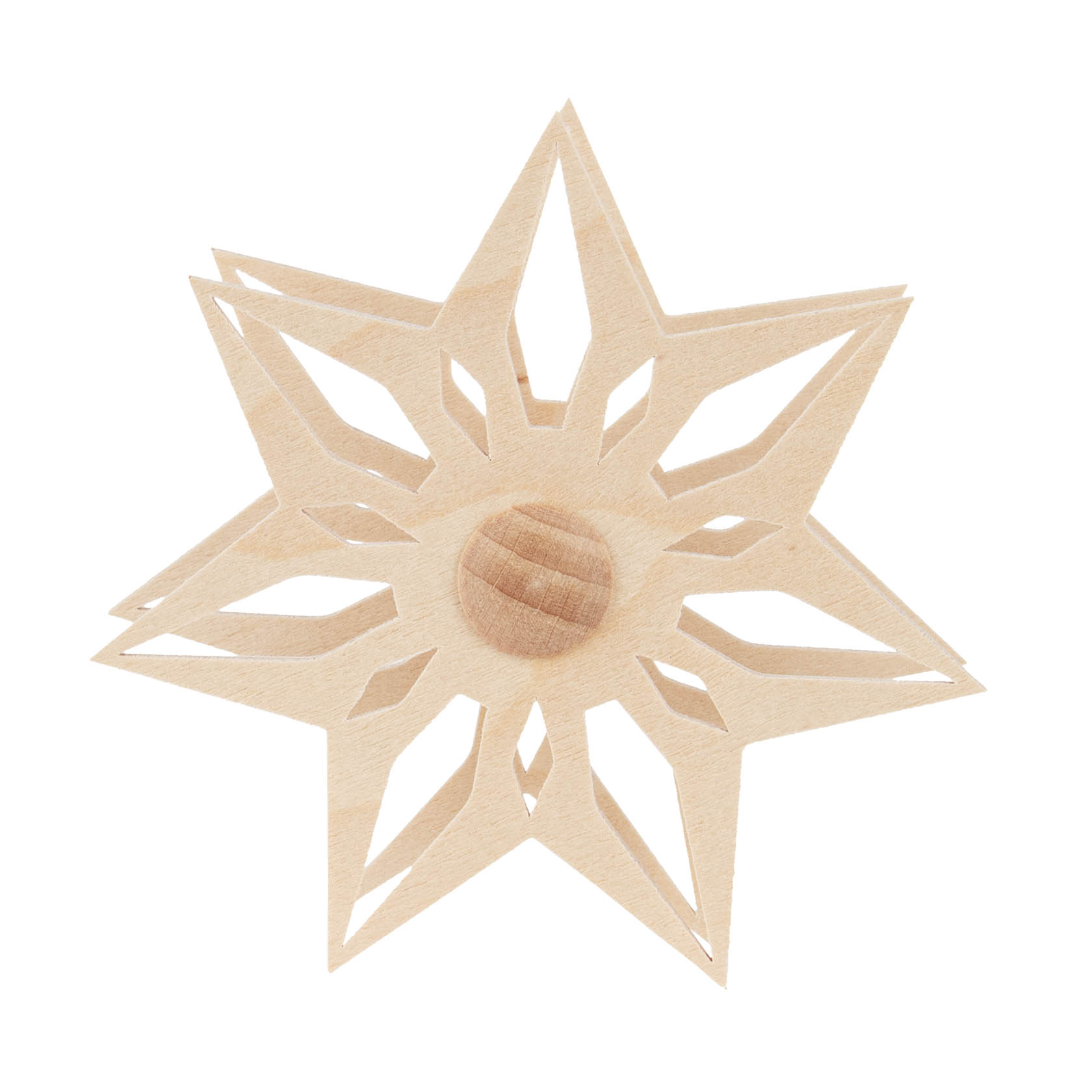 Ein filigraner, symmetrischer Holzstern mit acht Zacken, an einer Kerze befestigt, im Zentrum. im Dregeno Online Shop günstig kaufen