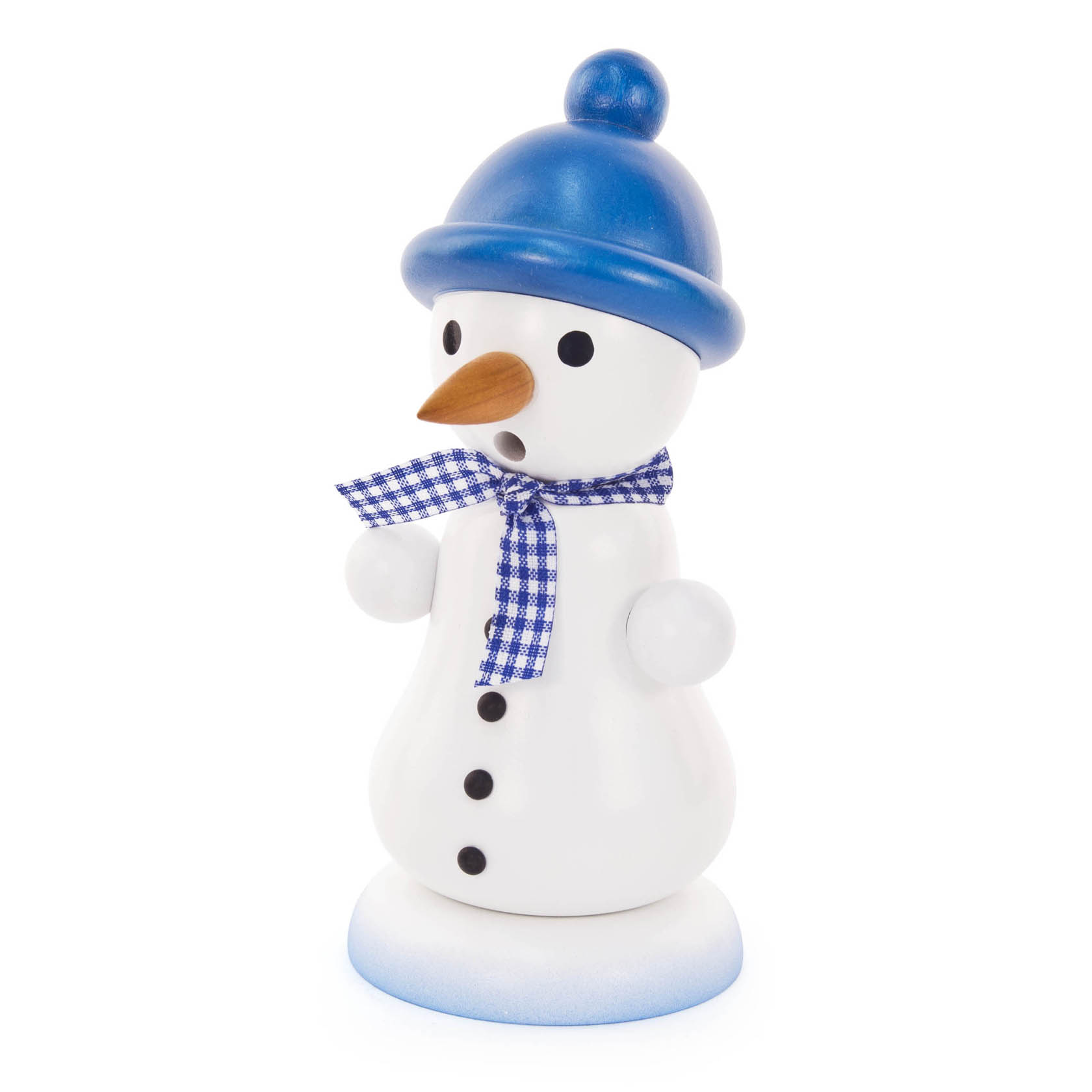 Ein Räuchermann in Form eines Schneemanns mit blauer Bommelmütze, blau-weiß kariertem Schal und einer runden Basis. im Dregeno Online Shop günstig kaufen