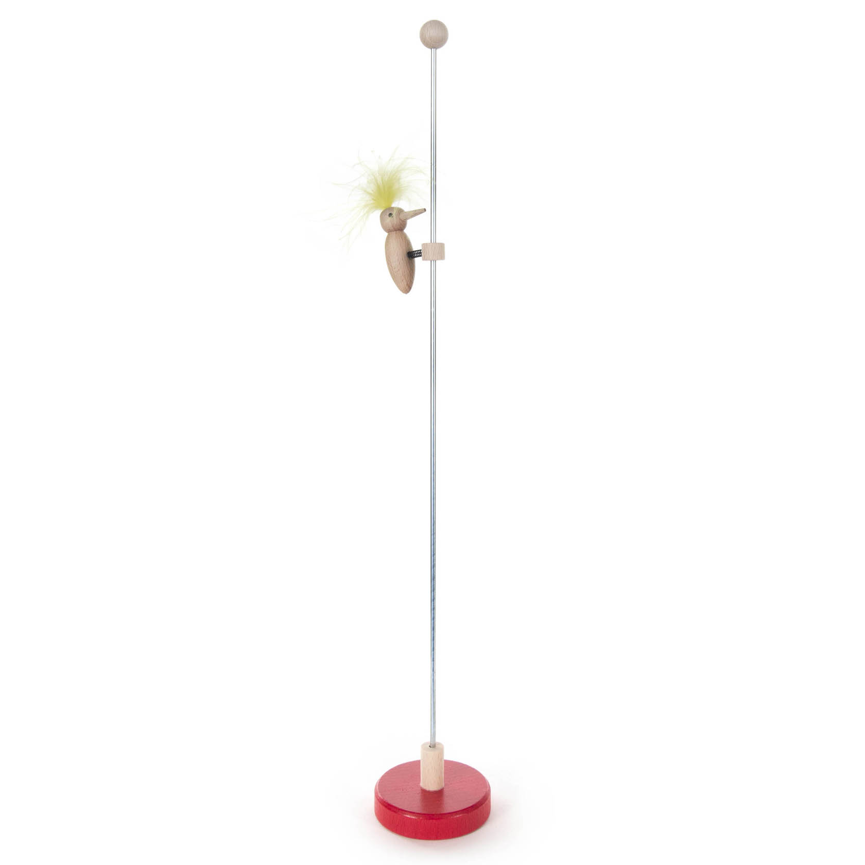 Ein Holzspielzeug namens Klopfspecht, das aus einem bunten Holzvogel besteht, der an einer Metallstange auf und ab klopft. im Dregeno Online Shop günstig kaufen