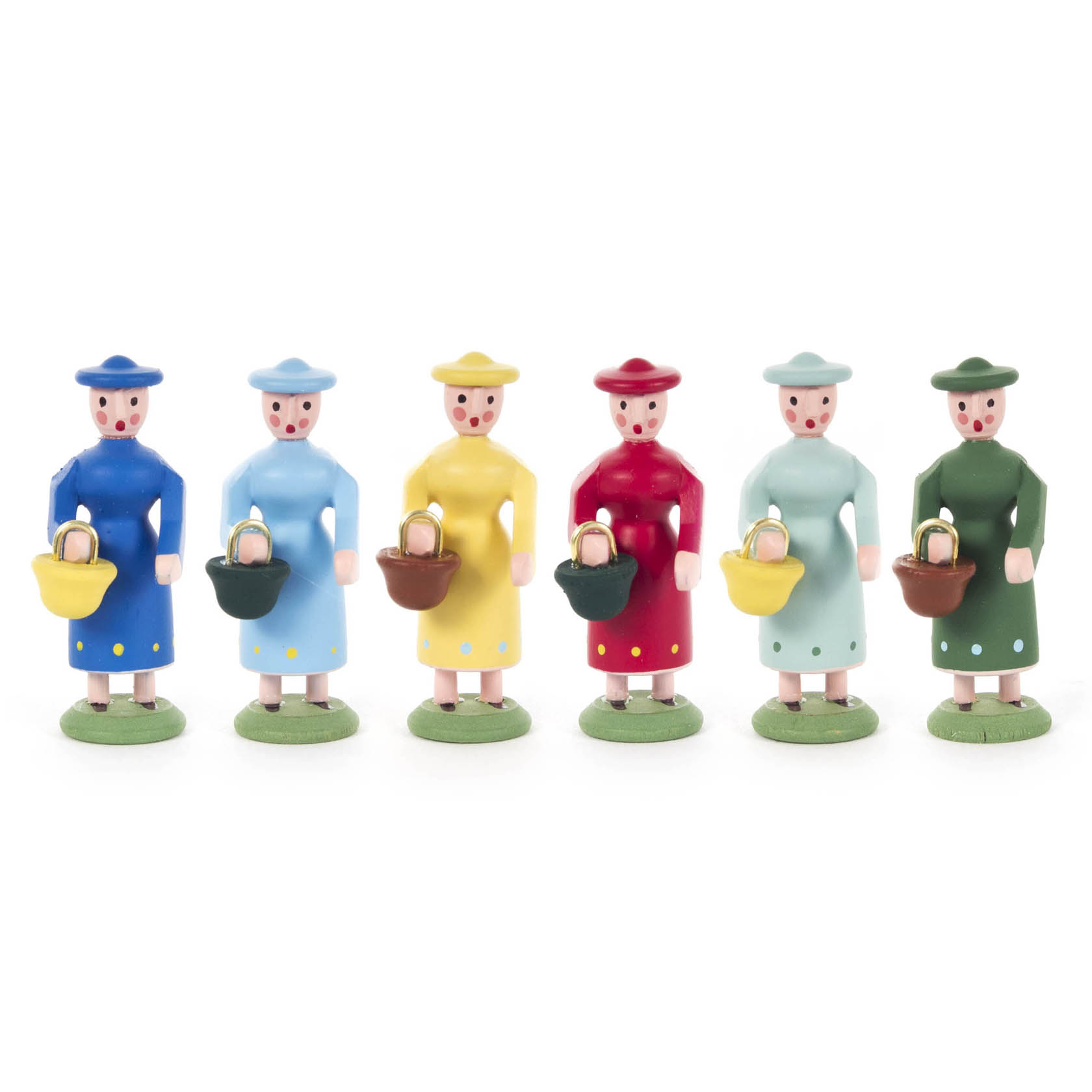 Sechs Miniaturfiguren von Frauen, jede in einem andersfarbigen Kleid und Hut: blau, hellblau, gelb, rot, hellgrün und grün. Jede hält einen Korb. im Dregeno Online Shop günstig kaufen
