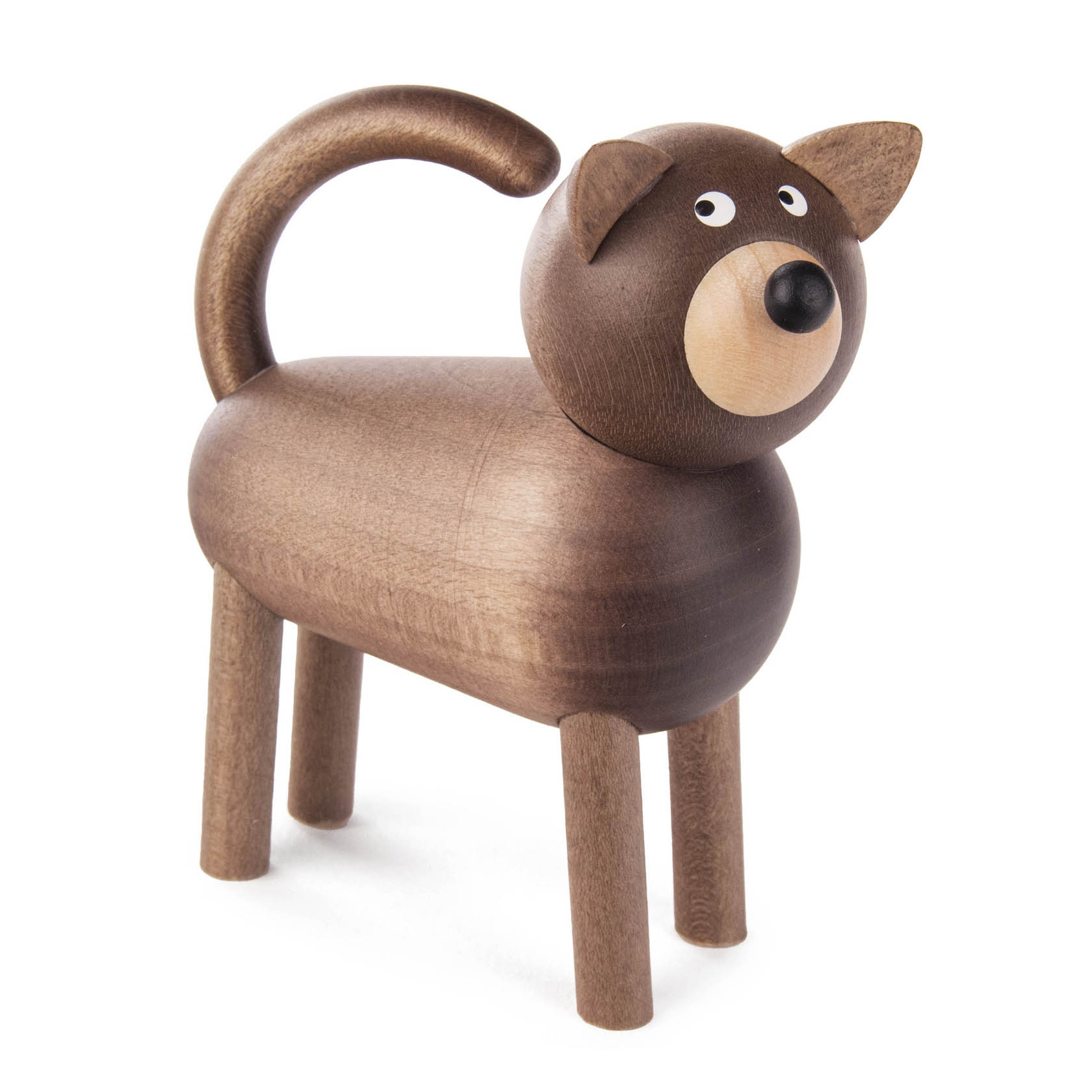 Holzfigur eines Hundes mit dunklem Körper und hellem Gesicht, Ohren und Nase, stehend mit hochgeschwungenem Schwanz. im Dregeno Online Shop günstig kaufen