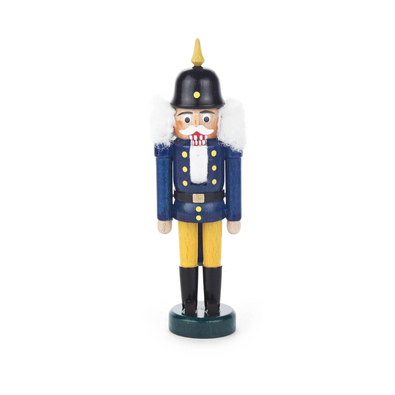 Ein 14 cm großer, blau-gelber Mini-Nussknacker mit Pickelhaube und weißen Haaren. im Dregeno Online Shop günstig kaufen