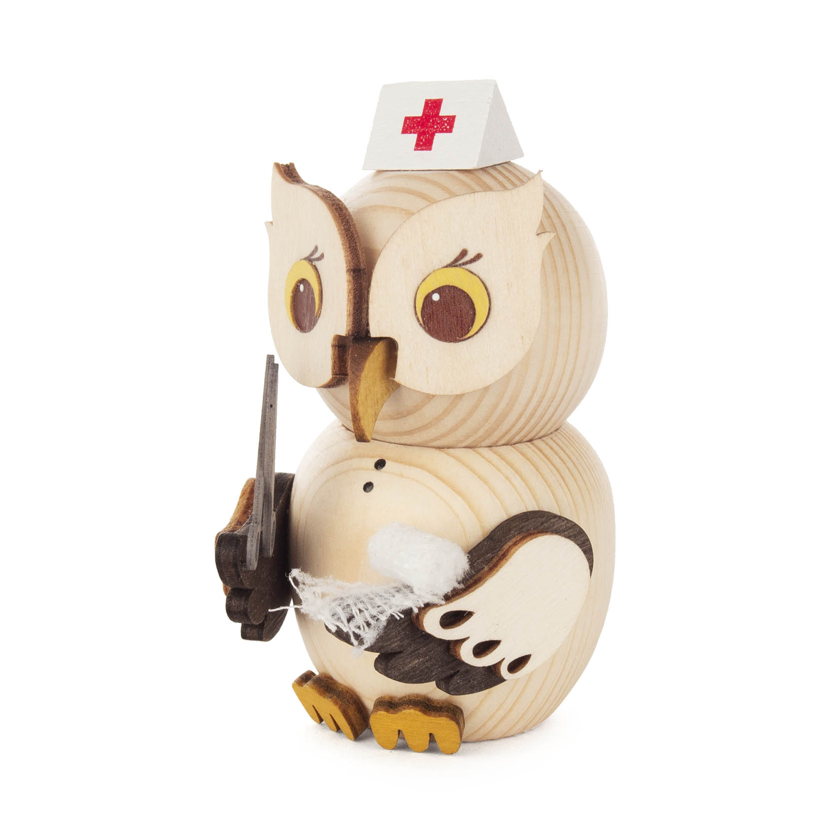 Handgefertigte Miniatur-Eule aus Holz, die als Krankenschwester verkleidet ist, mit Krankenschwesternhaube und einem kleinen Notizblock in den Flügeln. im Dregeno Online Shop günstig kaufen