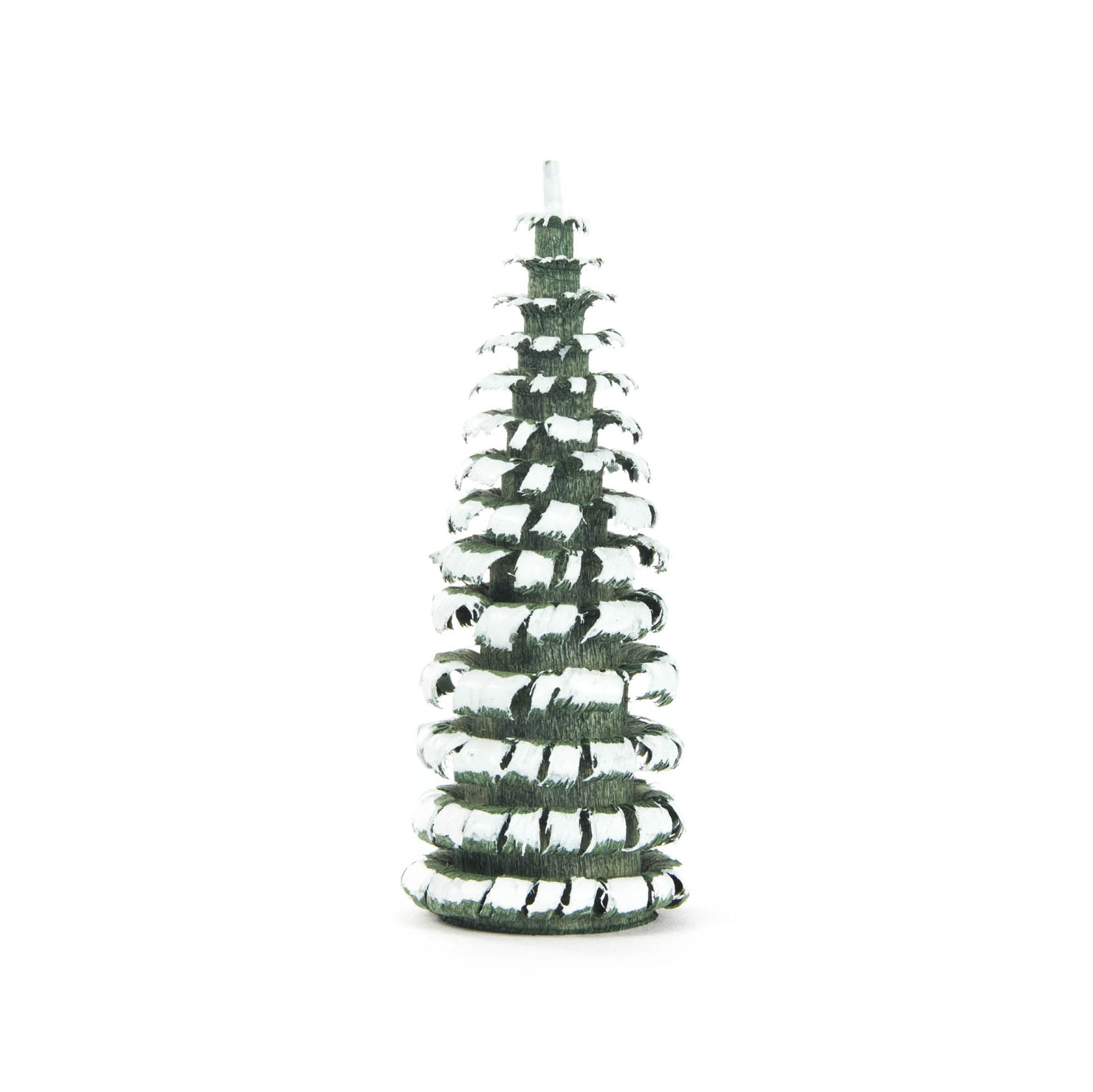 Dekorativer Miniatur-Tannenbaum mit 6 cm Höhe, in Grün und Weiß gehalten. Der Baum wirkt spiralförmig durch übereinandergelegte Ringe. im Dregeno Online Shop günstig kaufen