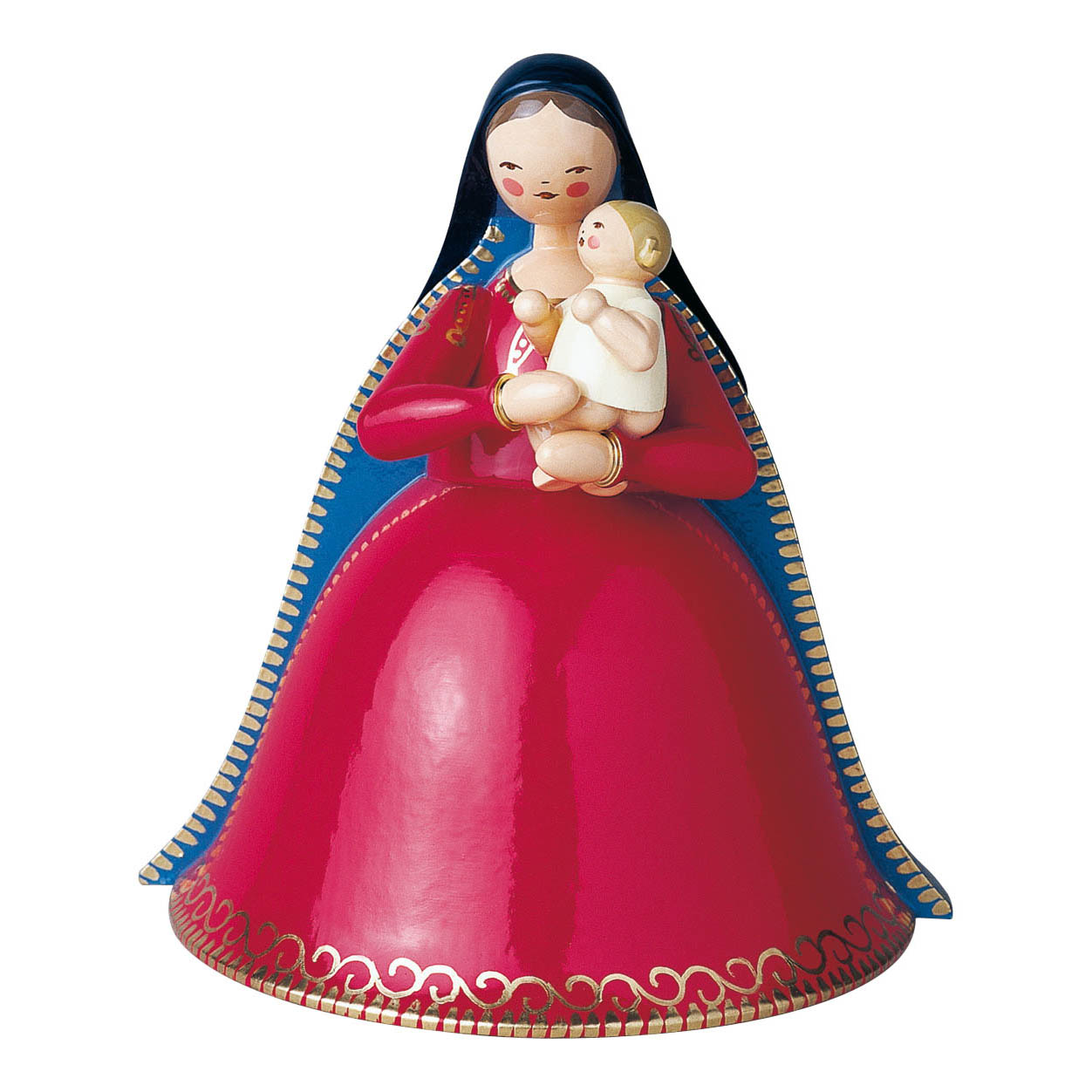 A stylized wooden figurine of Madonna wearing a red cloak with a blue lining, holding a small child representing Christ in her arms. im Dregeno Online Shop günstig kaufen