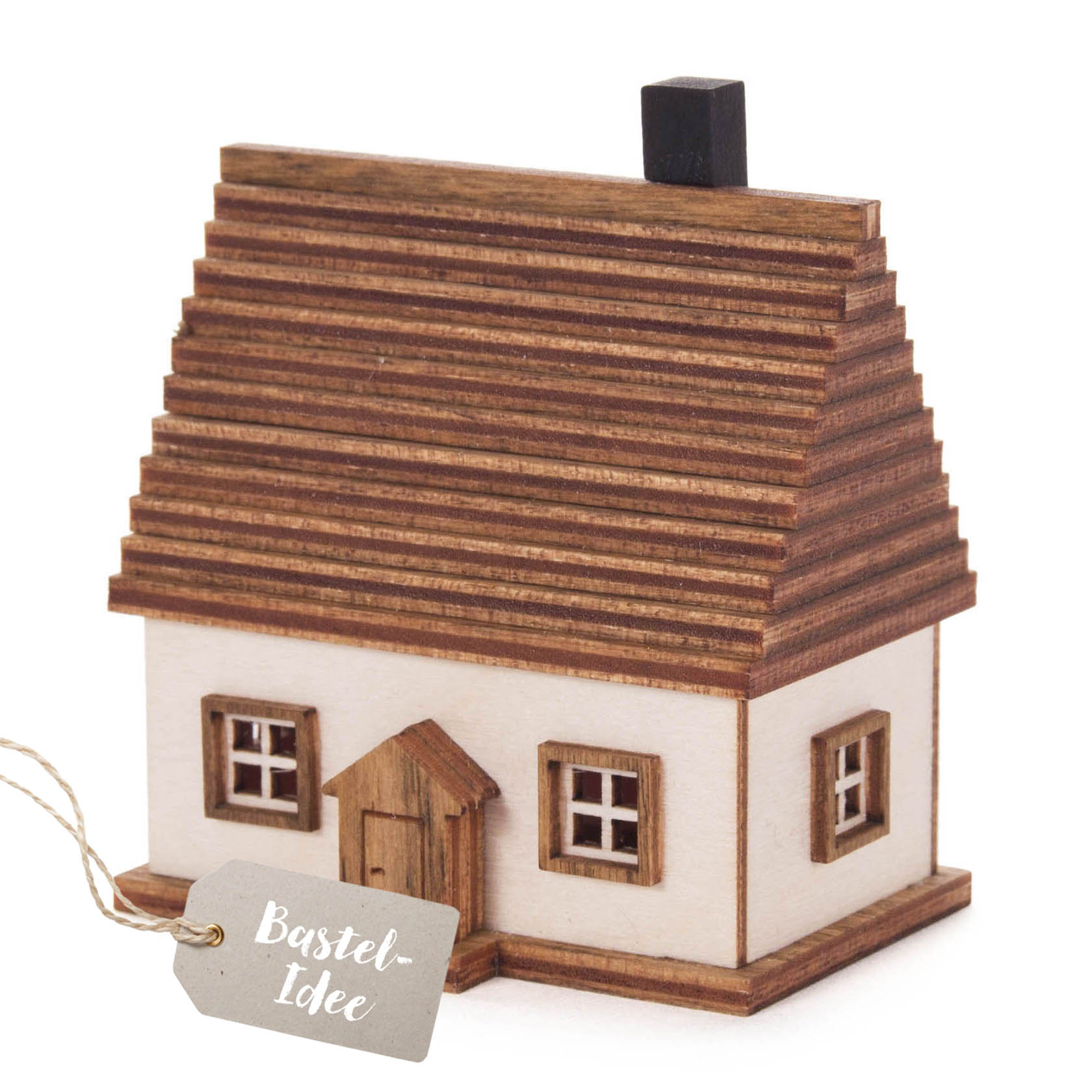 Miniatur Erzgebirgshaus aus Holz mit braunem Satteldach, weißen Wänden, vier kleinen Fenstern und einer Holztür. im Dregeno Online Shop günstig kaufen