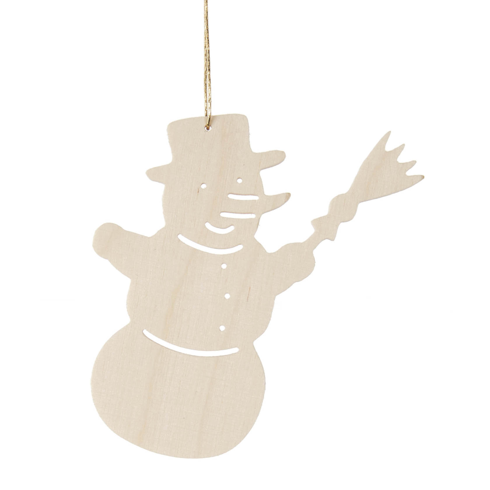 Holzornament eines lächelnden Schneemanns mit Zylinder und Besen, zum Aufhängen an einer Schnur. im Dregeno Online Shop günstig kaufen