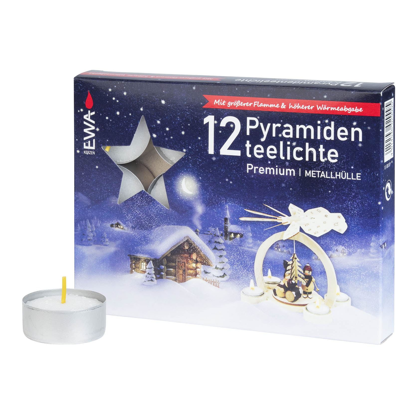 Verpackung von 12 Premium-Pyramidenteelichtern mit Abbildung eines hölzernen Pyramidengestells, darauf Figuren und brennende Teelichter in winterlicher Szenerie. im Dregeno Online Shop günstig kaufen