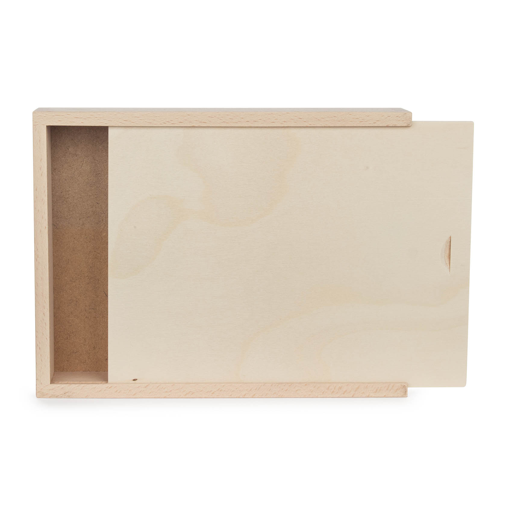 Ein rechteckiger Holzkasten mit einer Schiebedeckel aus hellem Holz, teilweise geöffnet und zeigt das Innere aus Spanplatten.