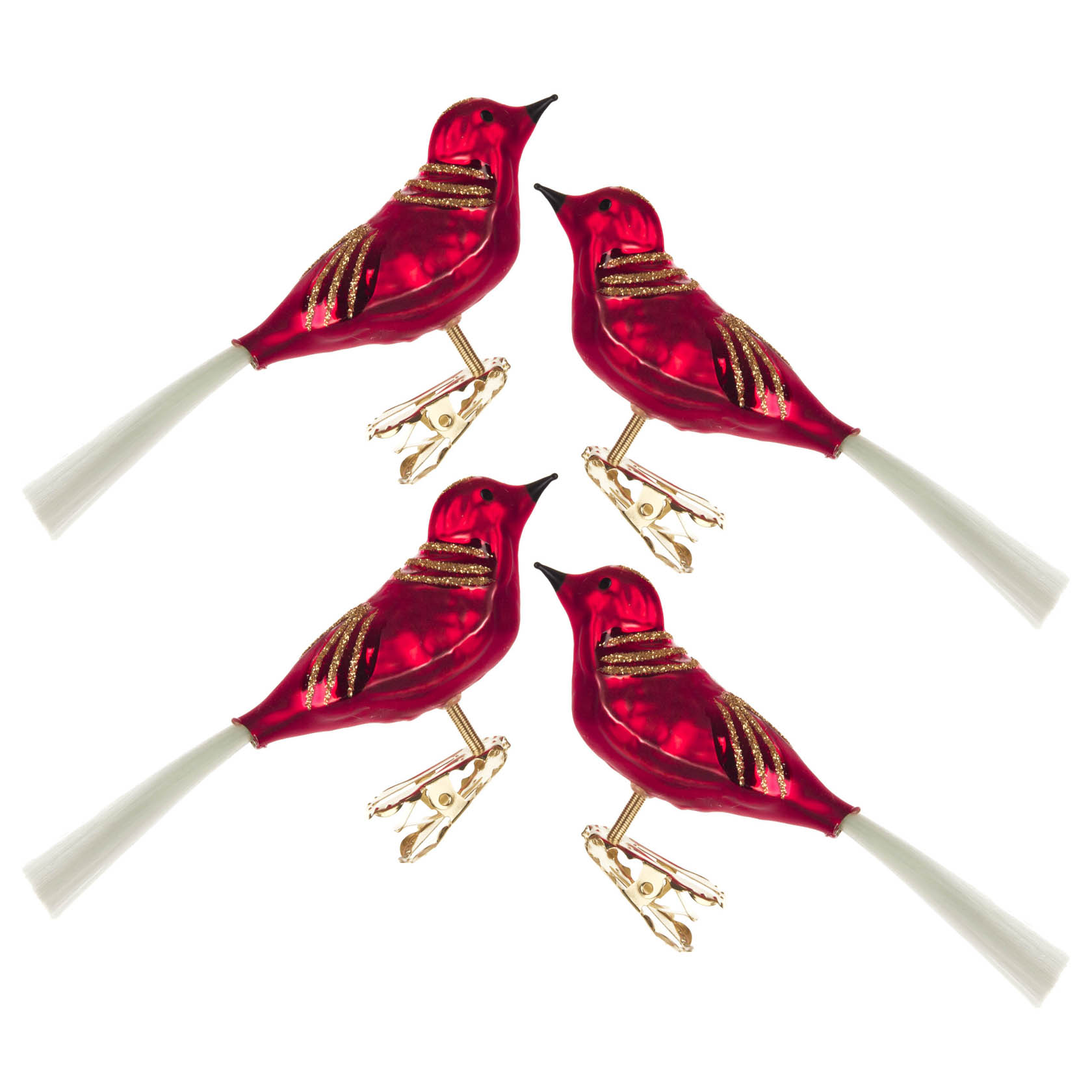Vier rote, mattierte Vogelfiguren aus Glas mit Glimmerstreifen, jede befestigt an einer Metallklemme, bilden den Thüringer Christbaumschmuck. im Dregeno Online Shop günstig kaufen