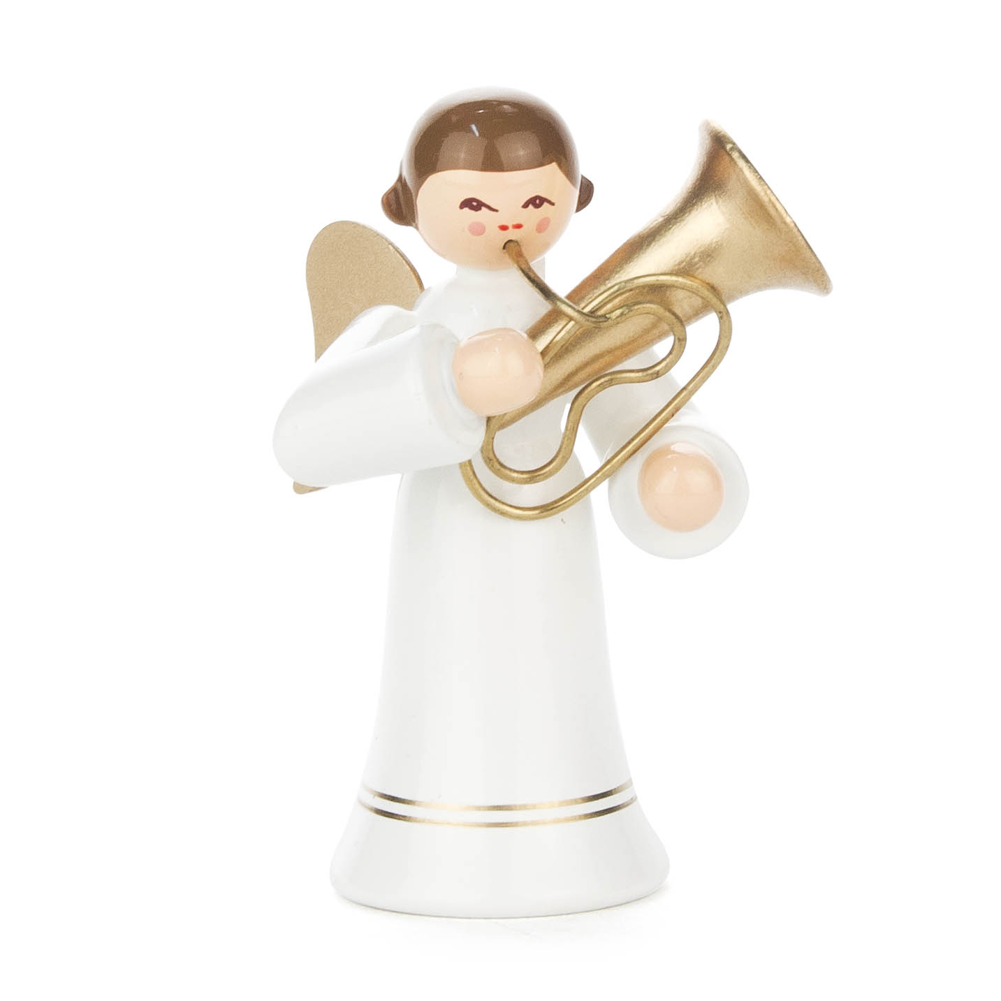 Eine Engel-Figur mit langen weißen Gewändern, goldenem Heiligenschein, rötlichen Wangen und einer goldenen Tuba in den Händen. im Dregeno Online Shop günstig kaufen