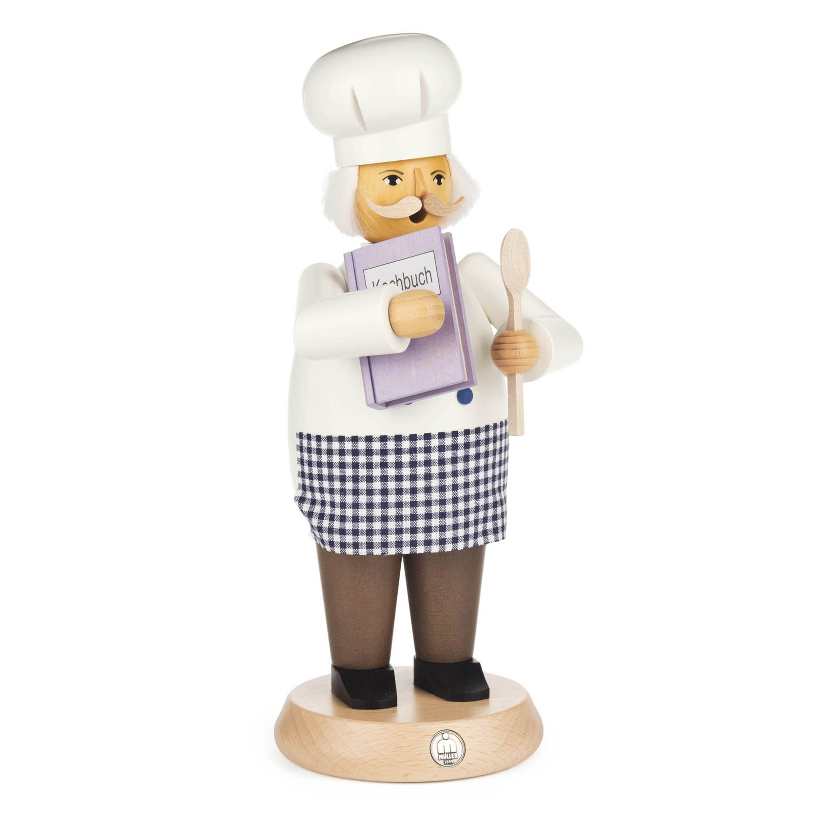 Holzfigur eines Kochs mit weißer Kochmütze und Schürze, der ein Kochbuch und einen Holzlöffel hält. im Dregeno Online Shop günstig kaufen