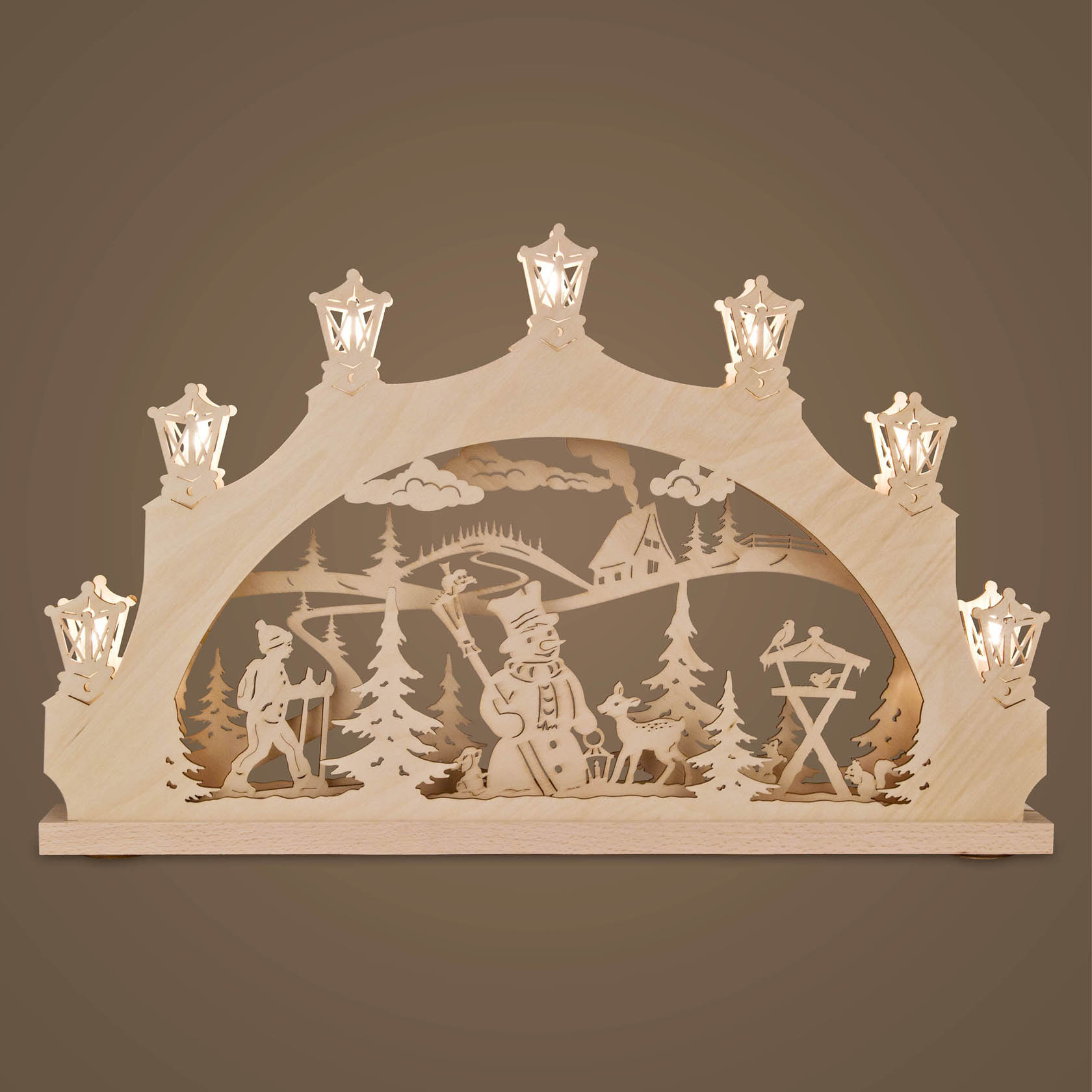 Wooden arched candle holder with LED lights, featuring a snowman in a forest, surrounded by trees, a hiker, a deer, and birds.