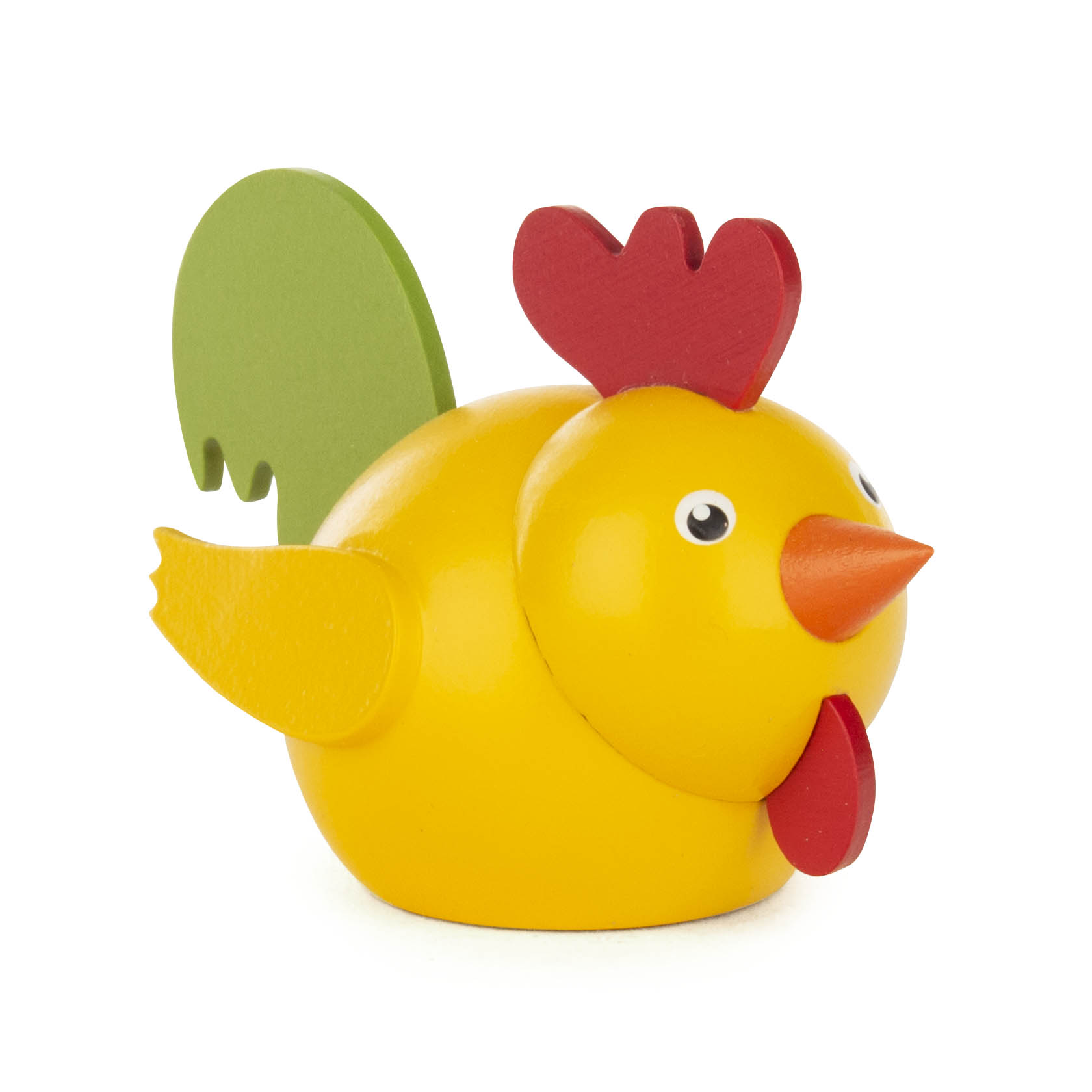 Ein gelber Holz-Hahn mit rotem Kamm und Schnabel sowie grünen Flügeln und Schwanz, gestaltet als Zubehör für Vario-Leuchter. im Dregeno Online Shop günstig kaufen