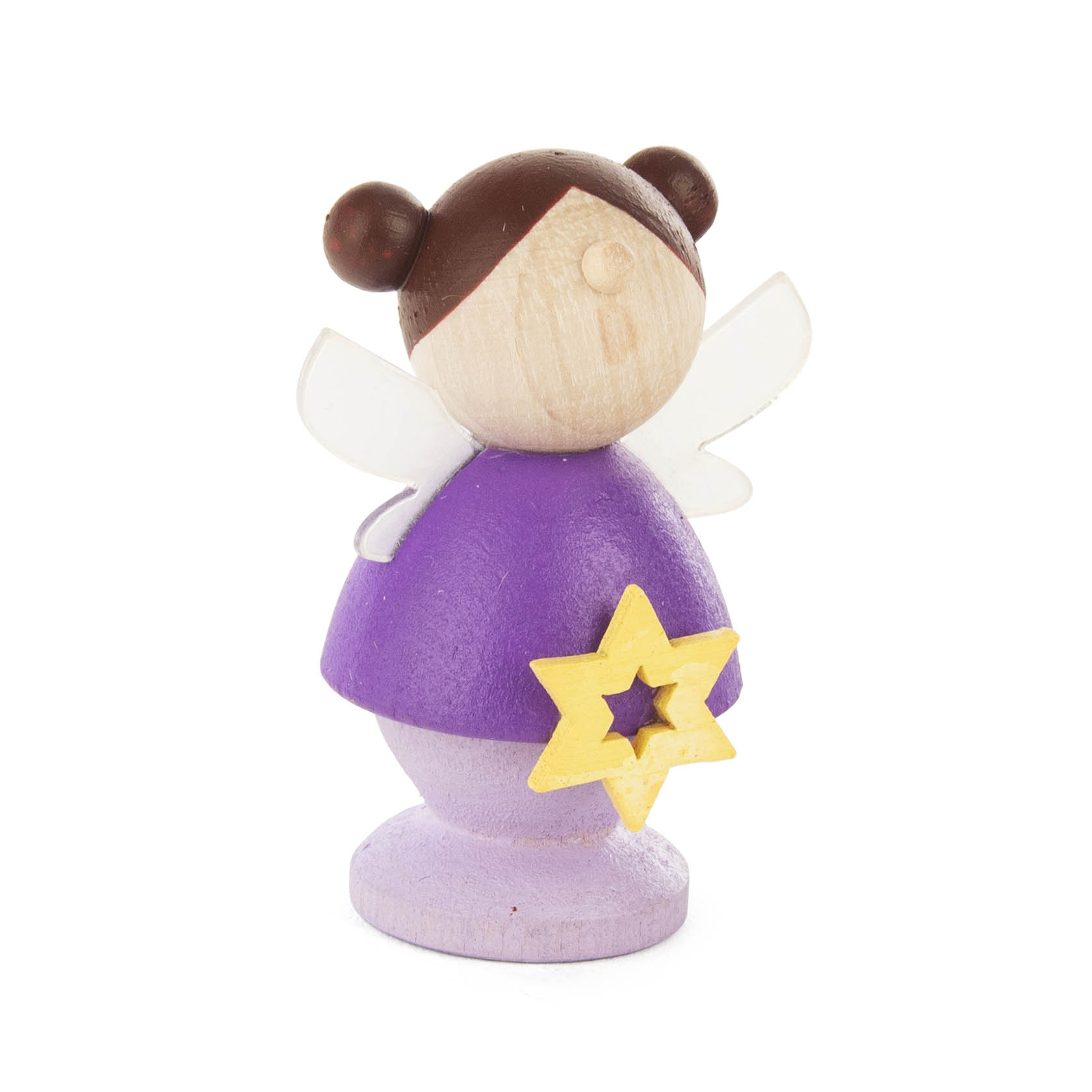 Holzfigur einer Fee mit braunen Haaren, lila Kleidung und Flügeln, hält einen gelben Stern. im Dregeno Online Shop günstig kaufen